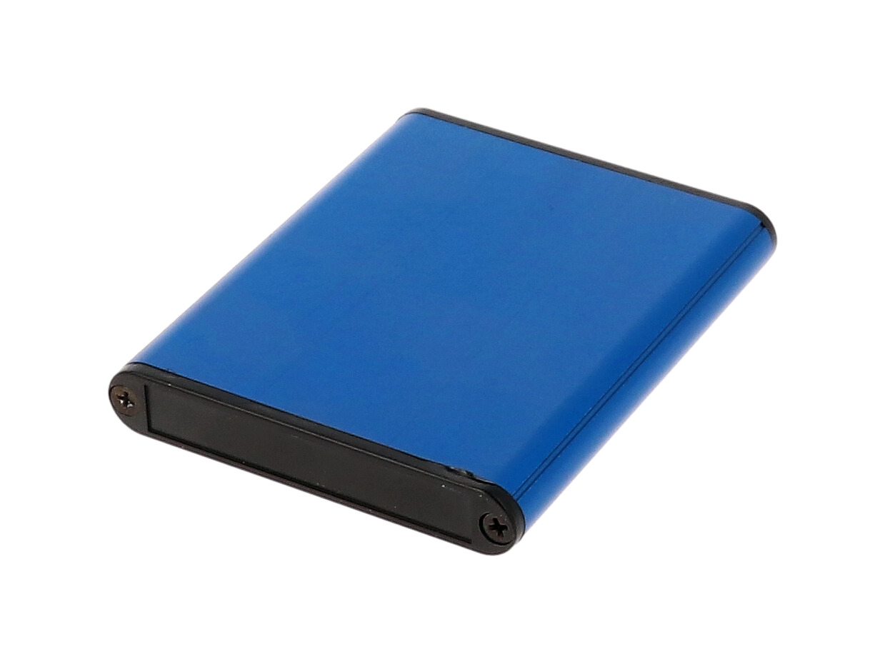 1455A802BU blue anodized extruded aluminum PC board enclosure, 80 x 70 x 12 mm, with black plastic end panels