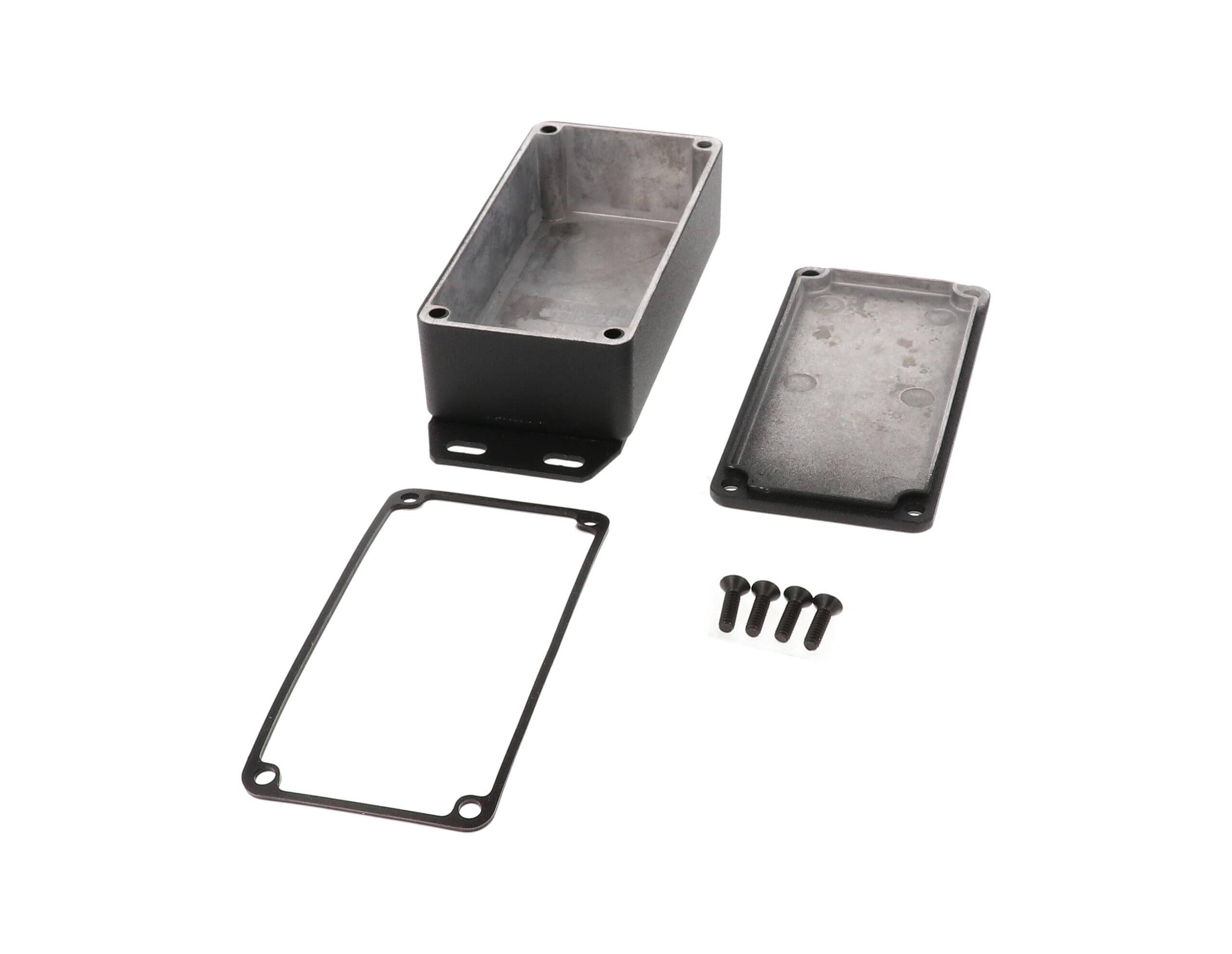 1590WG2FBK textured black watertight 1590G2 diecast aluminum enclosure, 100 x 50 x 31 mm, flanged bottom plate