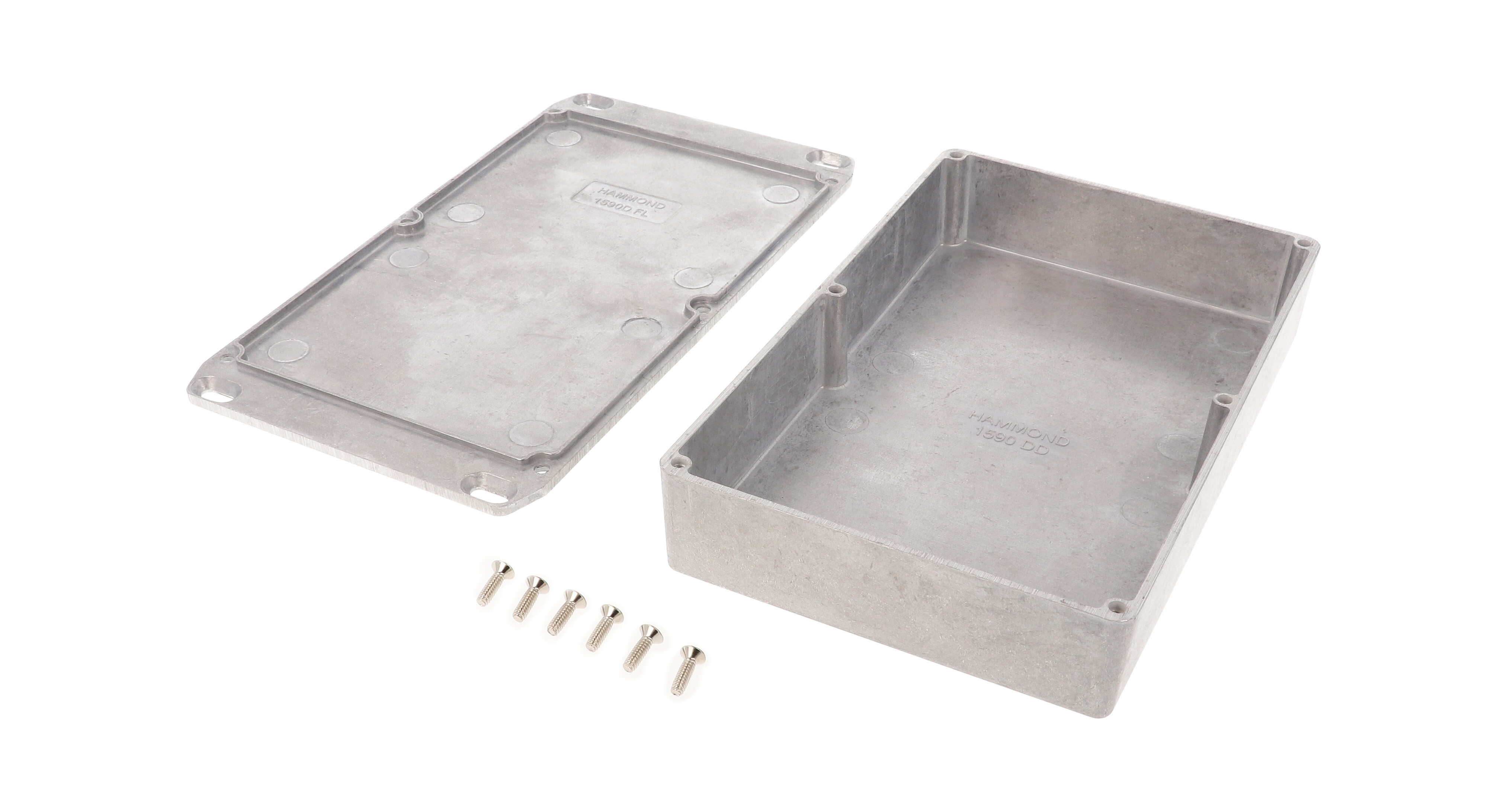 1590DDFL natural diecast aluminum enclosure with flanged wall-mounting lid, 188 x 120 x 37 mm