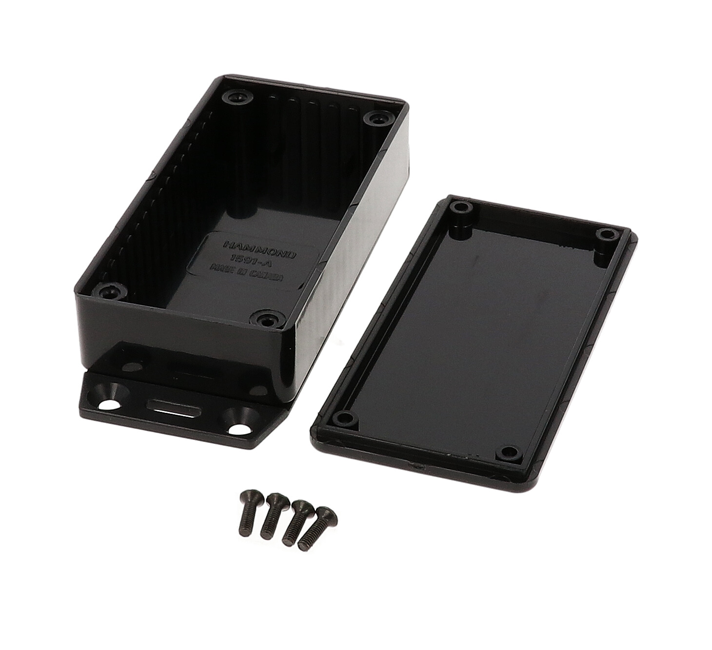 1591AF2SBK black 100 x 50 x 25 mm ABS plastic bottom-flange enclosure with molded card guides