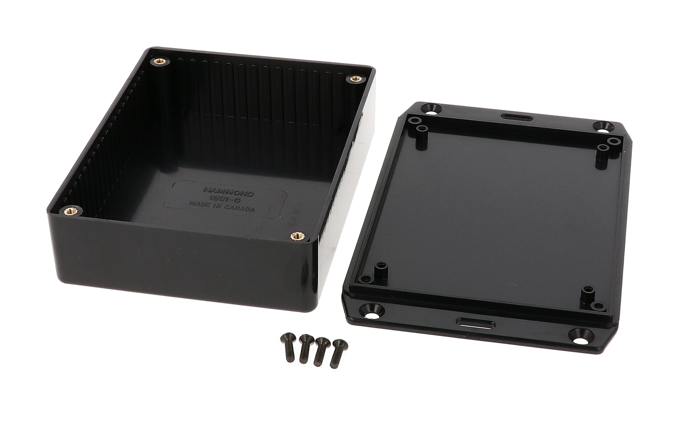 1591GFLBK black flame retardant ABS enclosure with wall mounting flanges on the lid
