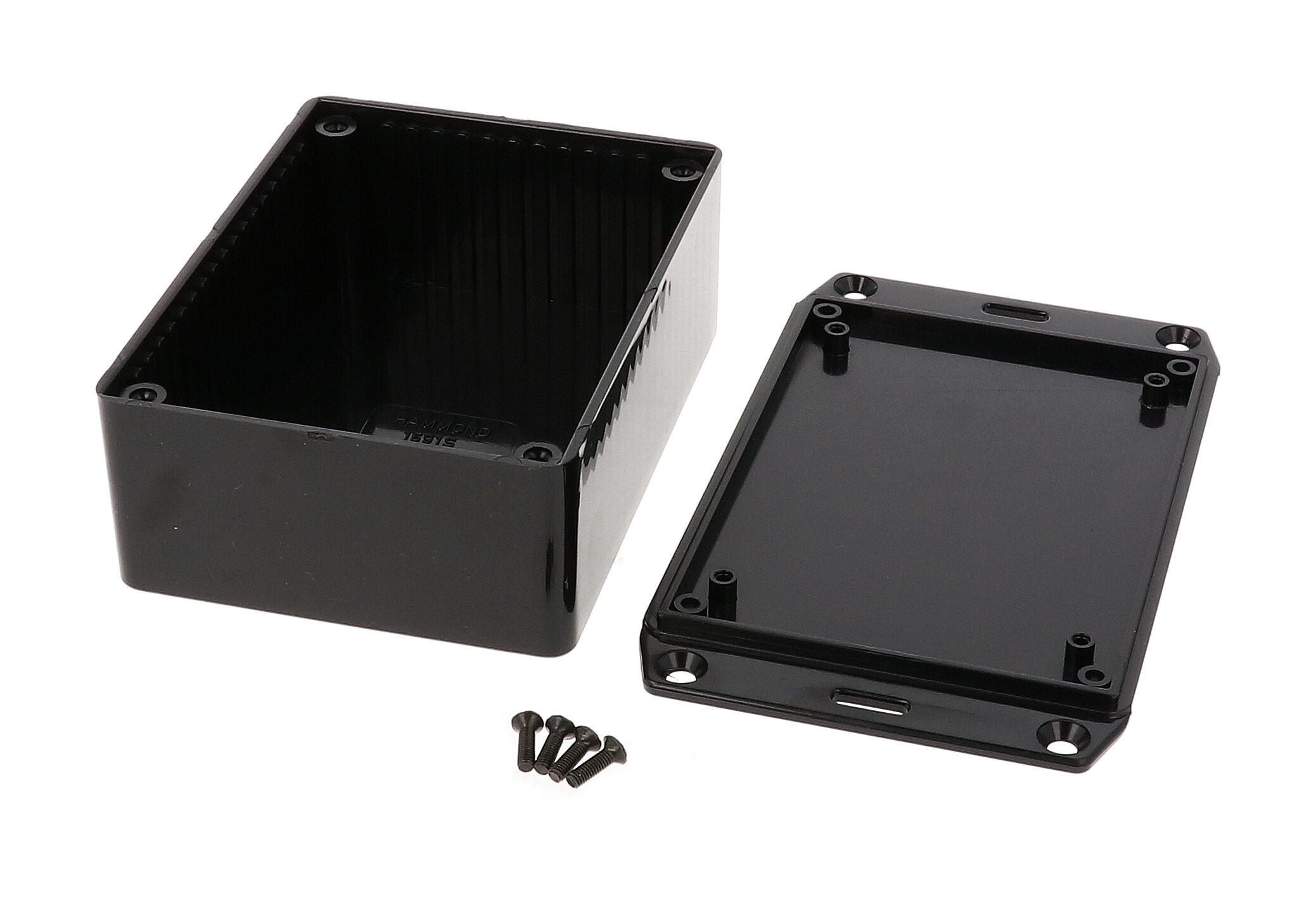 1591SSFLBK black ABS plastic enclosure with wall mounting flanged lid, 110 x 82 x 44 mm