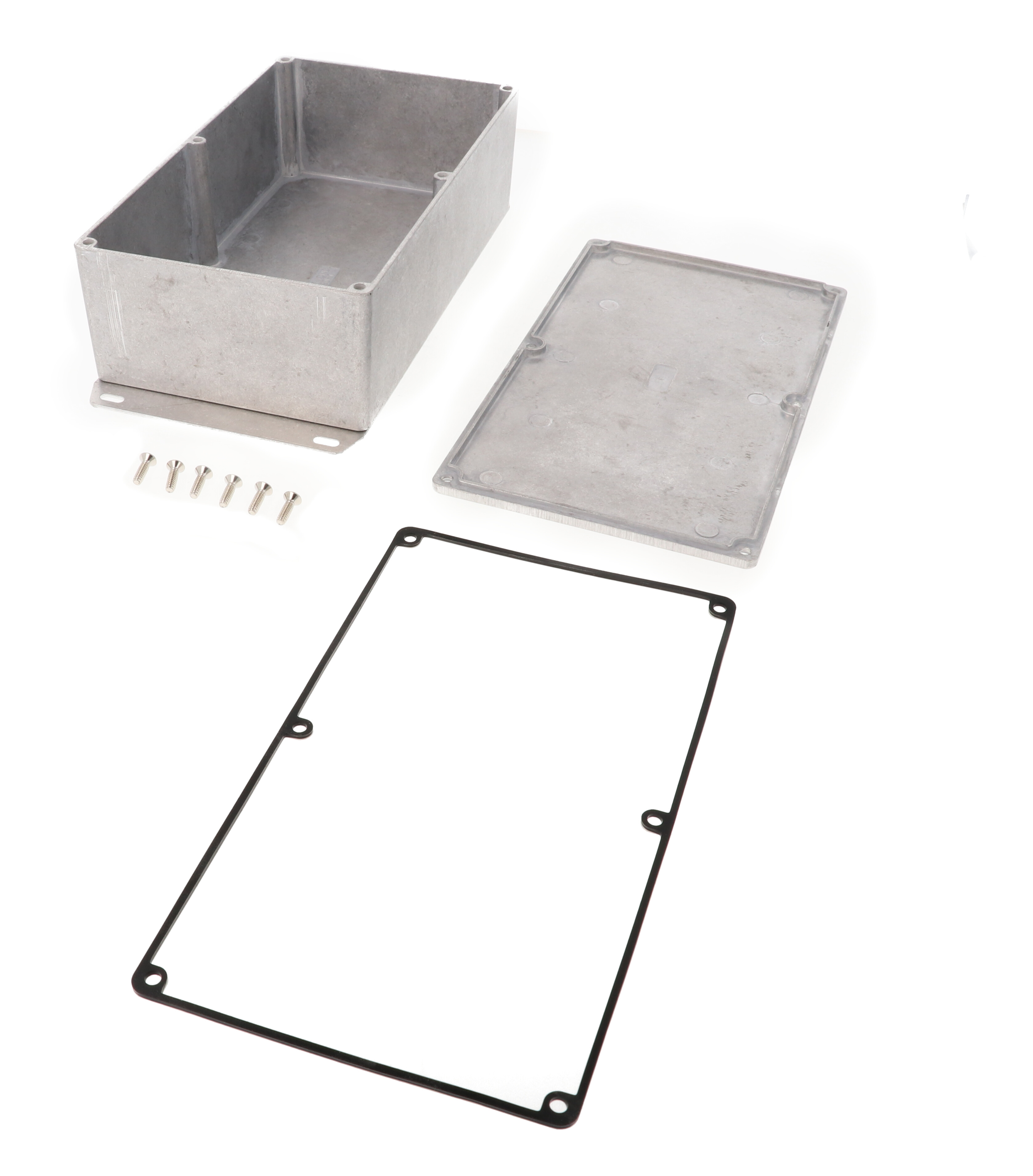 1590WR1F natural aluminum IP65 water-tight diecast aluminum enclosure with a welded flanged bottom plate, 192x112x61mm