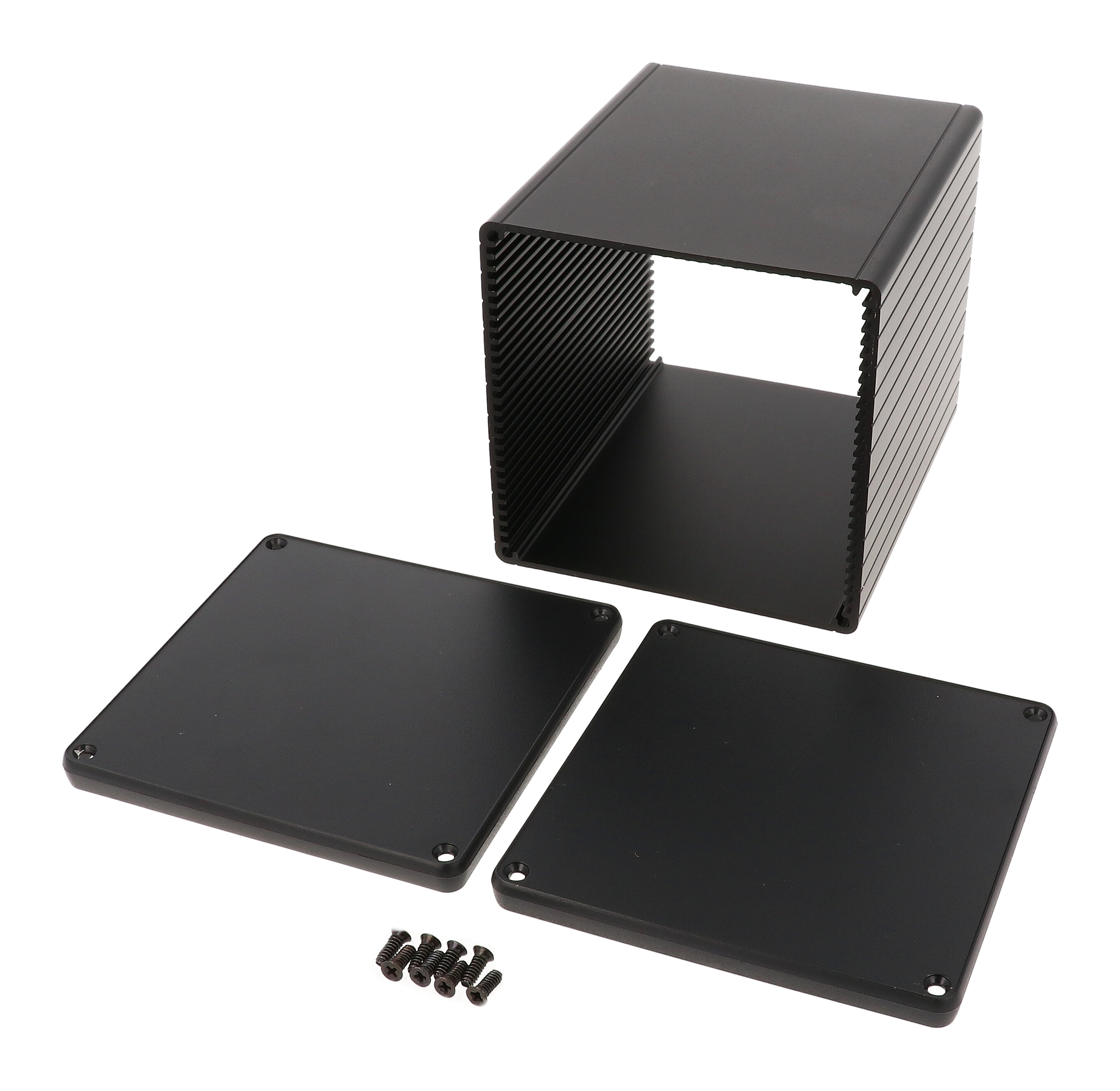 1455NS1202BK black anodized square extruded aluminum enclosure, 120 x 103 x 103 mm, with black closed plastic bezels