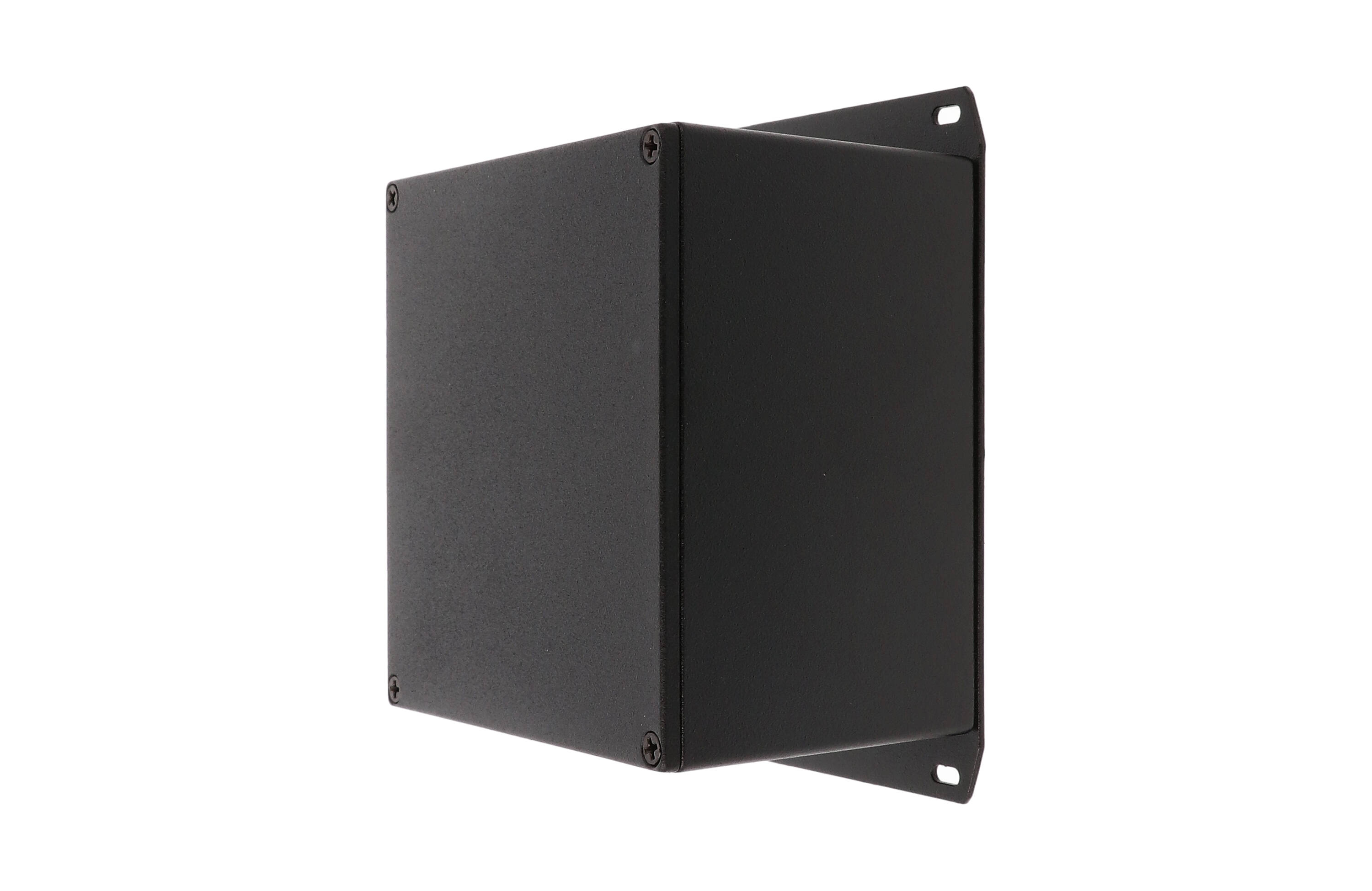 1590KFBK black textured diecast aluminum enclosure with welded mounting flange, 125 x 125 x 79 mm