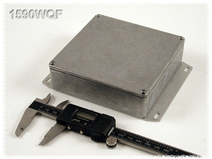 1590WQF natural aluminum watertight diecast enclosure, 120 mm x 120 mm x 34 mm, with flanged bottom plate