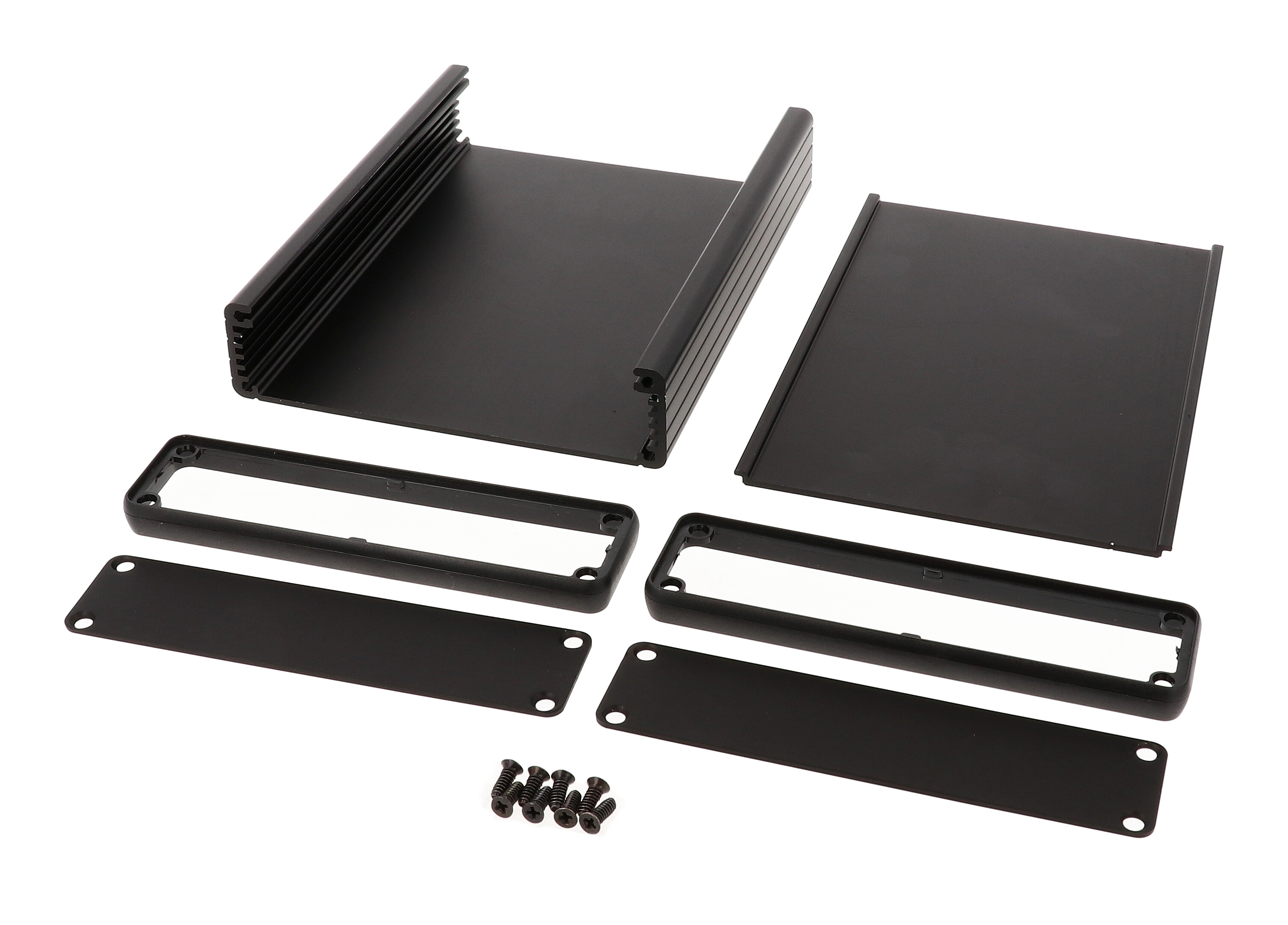 1455P1601BK black anodized extruded aluminum PC board enclosure, 160 x 125 x 30.5 mm, with metal end panels and open bezels