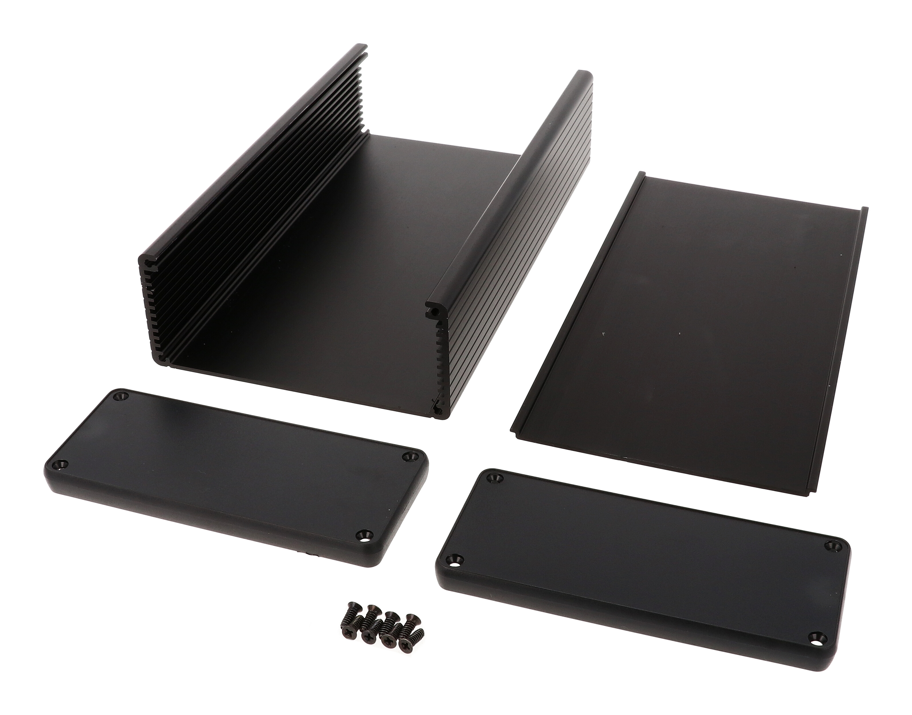 1455Q2202BK black anodized extruded aluminum PC board enclosure 220 x 125 x 51.5 mm with black closed plastic end panels