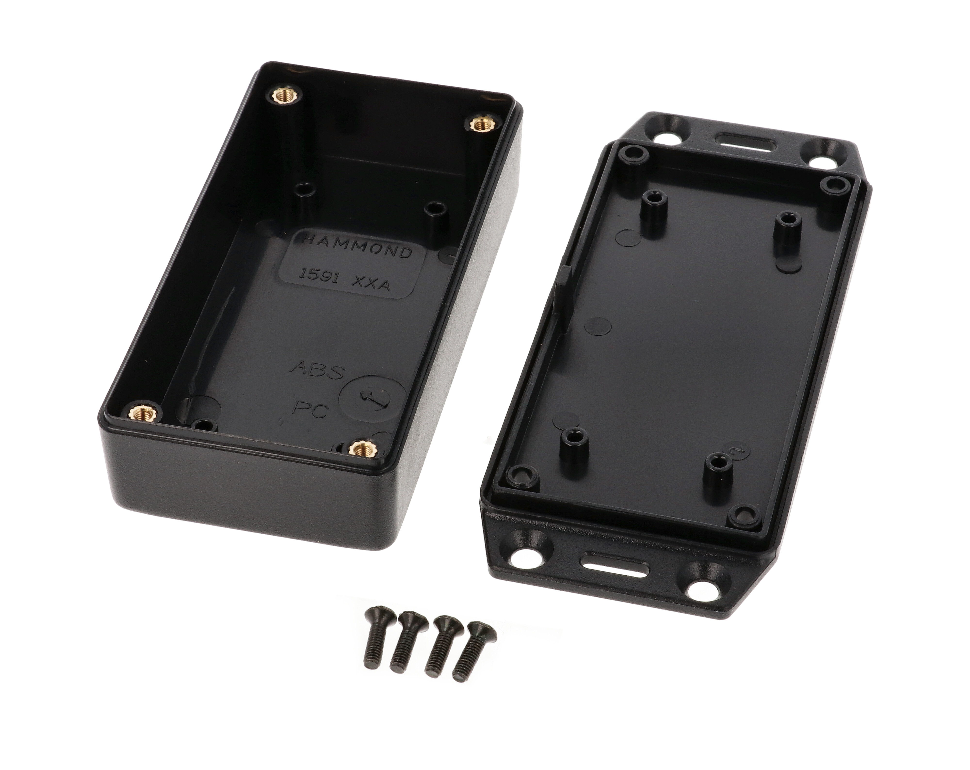 1591XXAFLBK black flame retardant ABS enclosure with integrated flanged mounting lid