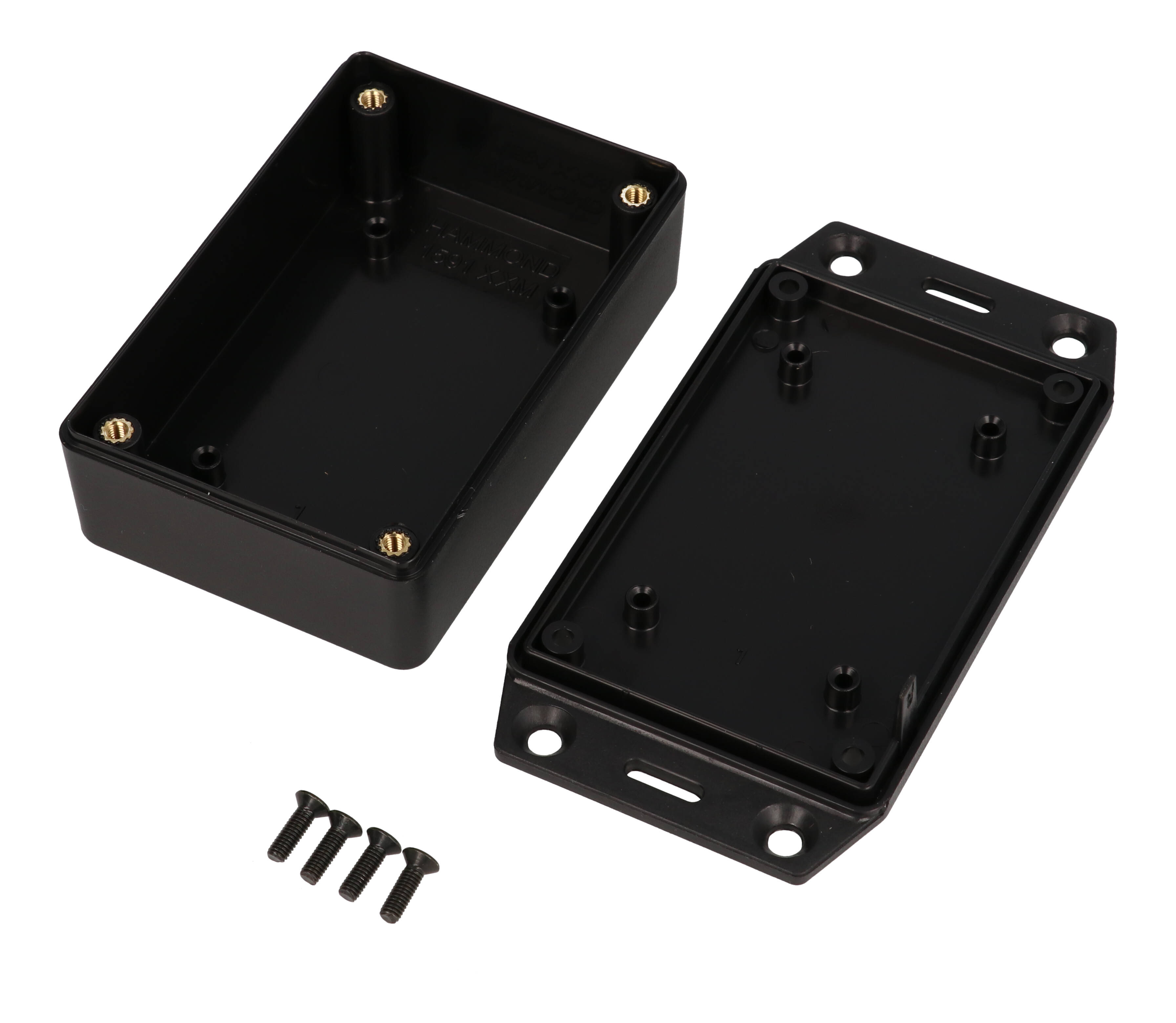 Hammond 1591XXMFLBK black ABS plastic enclosure with flanged lid, 1591XXM size, box and lid shown