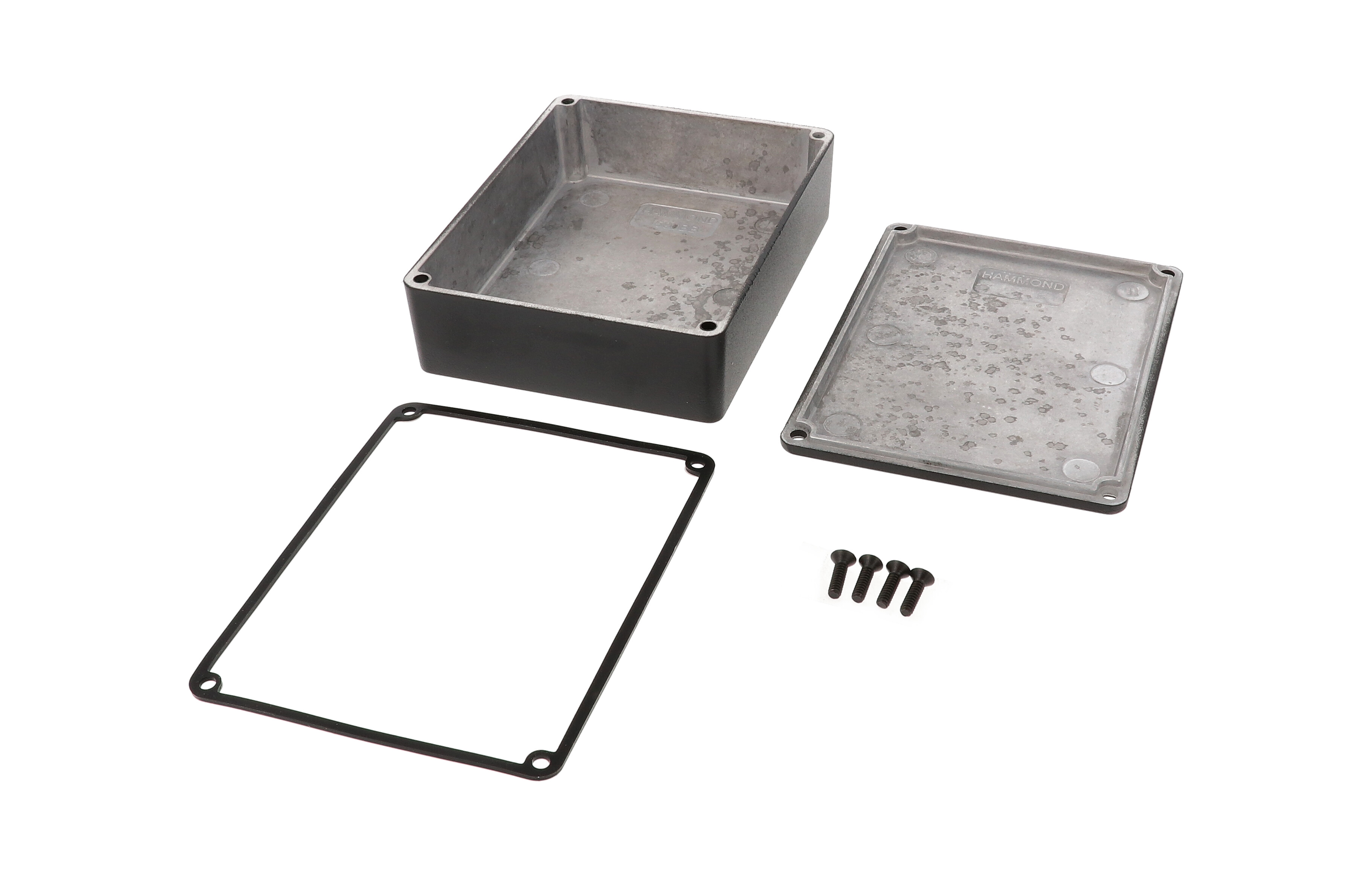 1590WBBBK black textured water-tight diecast aluminum enclosure without mounting flanges