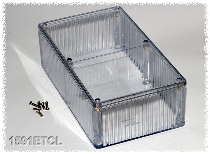 1591ETCL crystal clear polycarbonate enclosure showing internal card guides, 190 x 111 x 61 mm