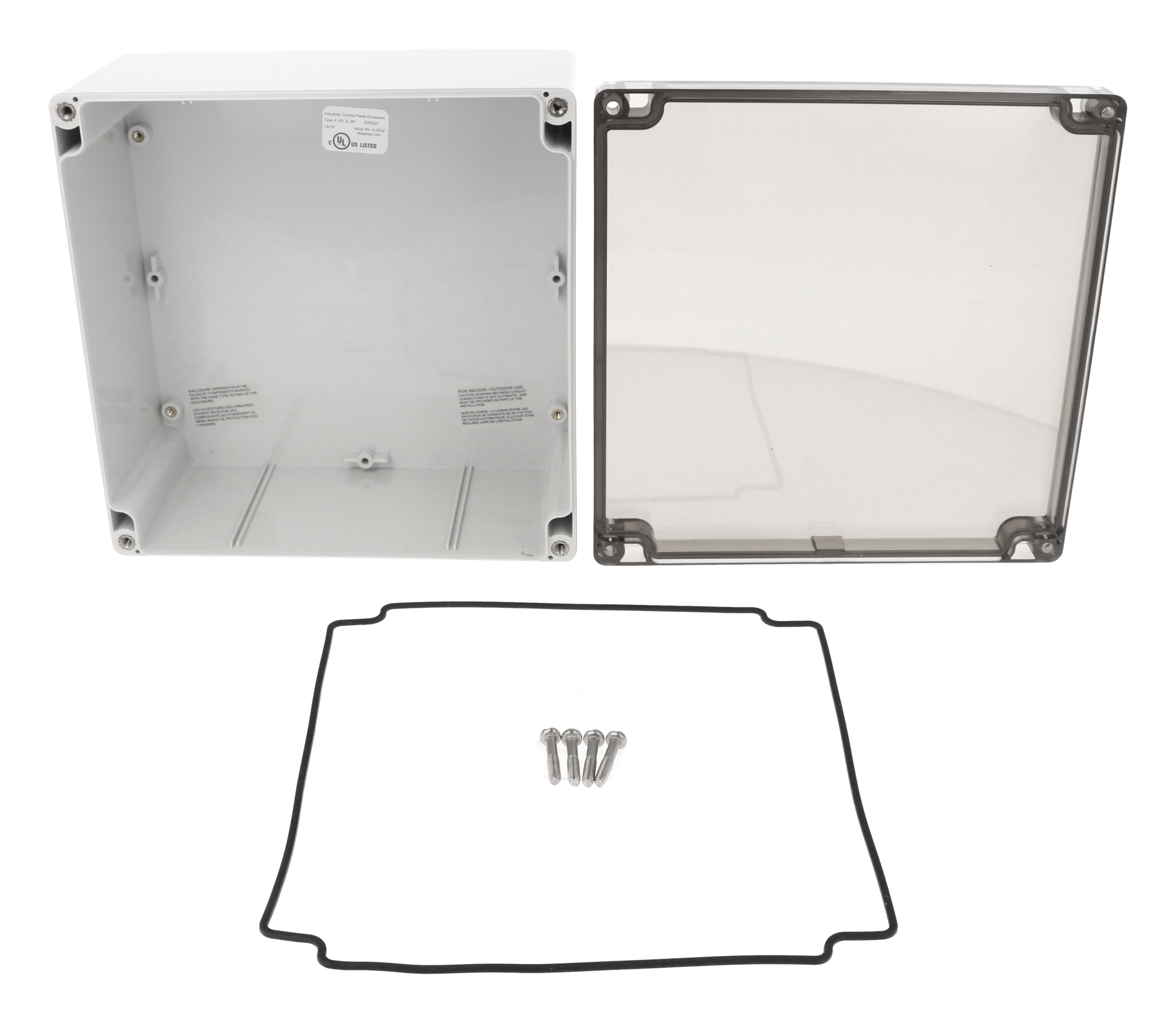 1554WA2GYSL light gray polycarbonate enclosure with smoked lid, 180 x 180 x 90 mm
