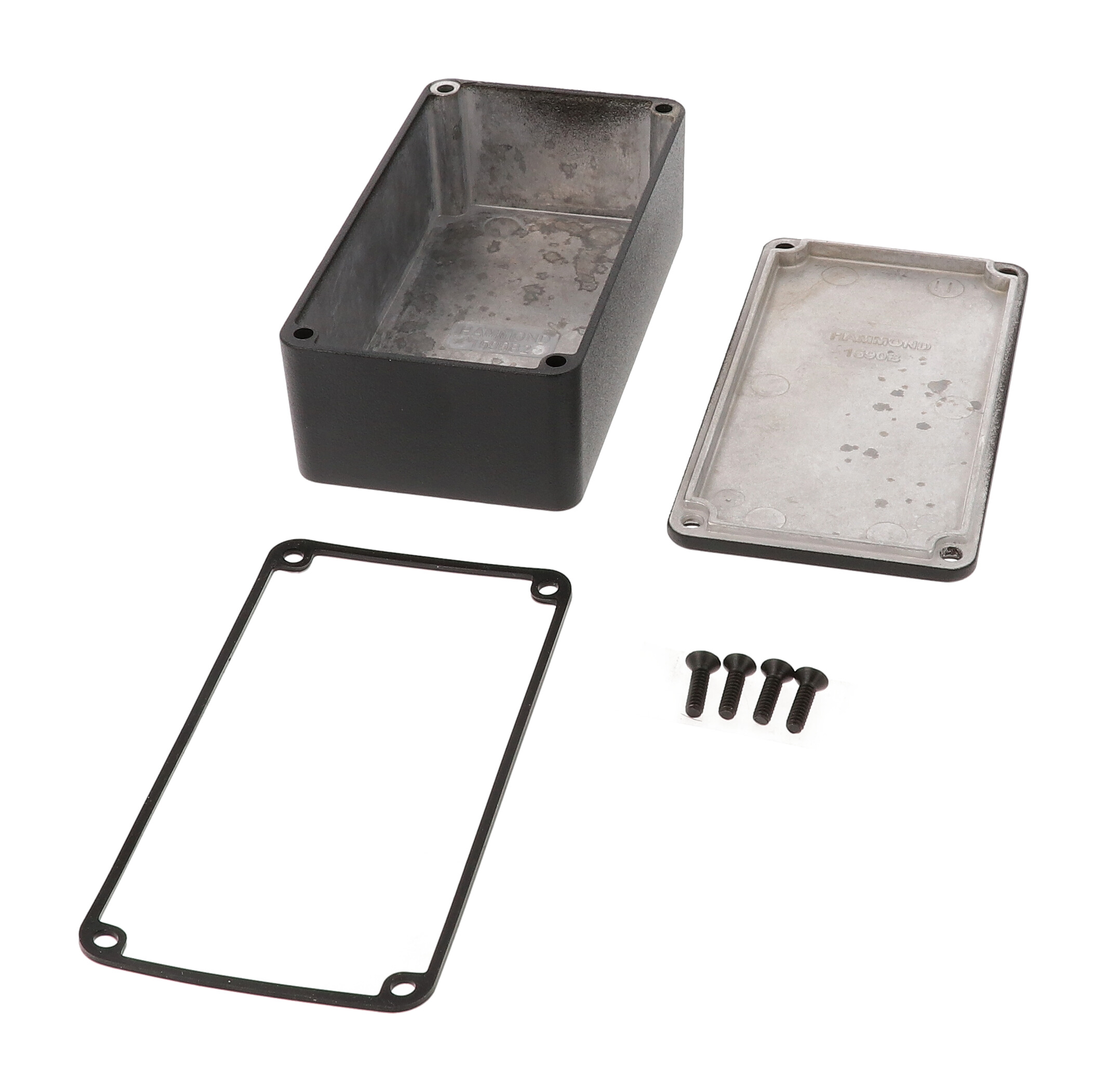 1590WB2BK black textured IP65 watertight diecast enclosure, 112 x 61 x 38 mm, no mounting flanges