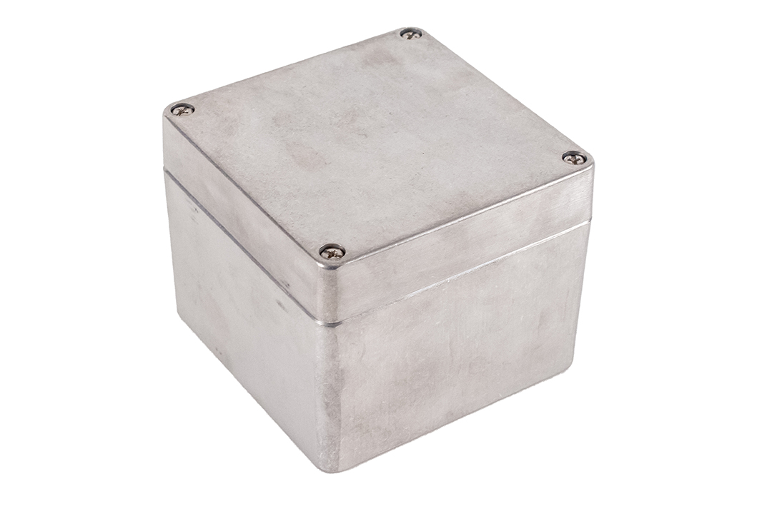 1590Z080 square natural (unfinished) aluminum diecast aluminum enclosure, 100 x 100 x 80 mm, with gasketed lid and four recessed lid screws