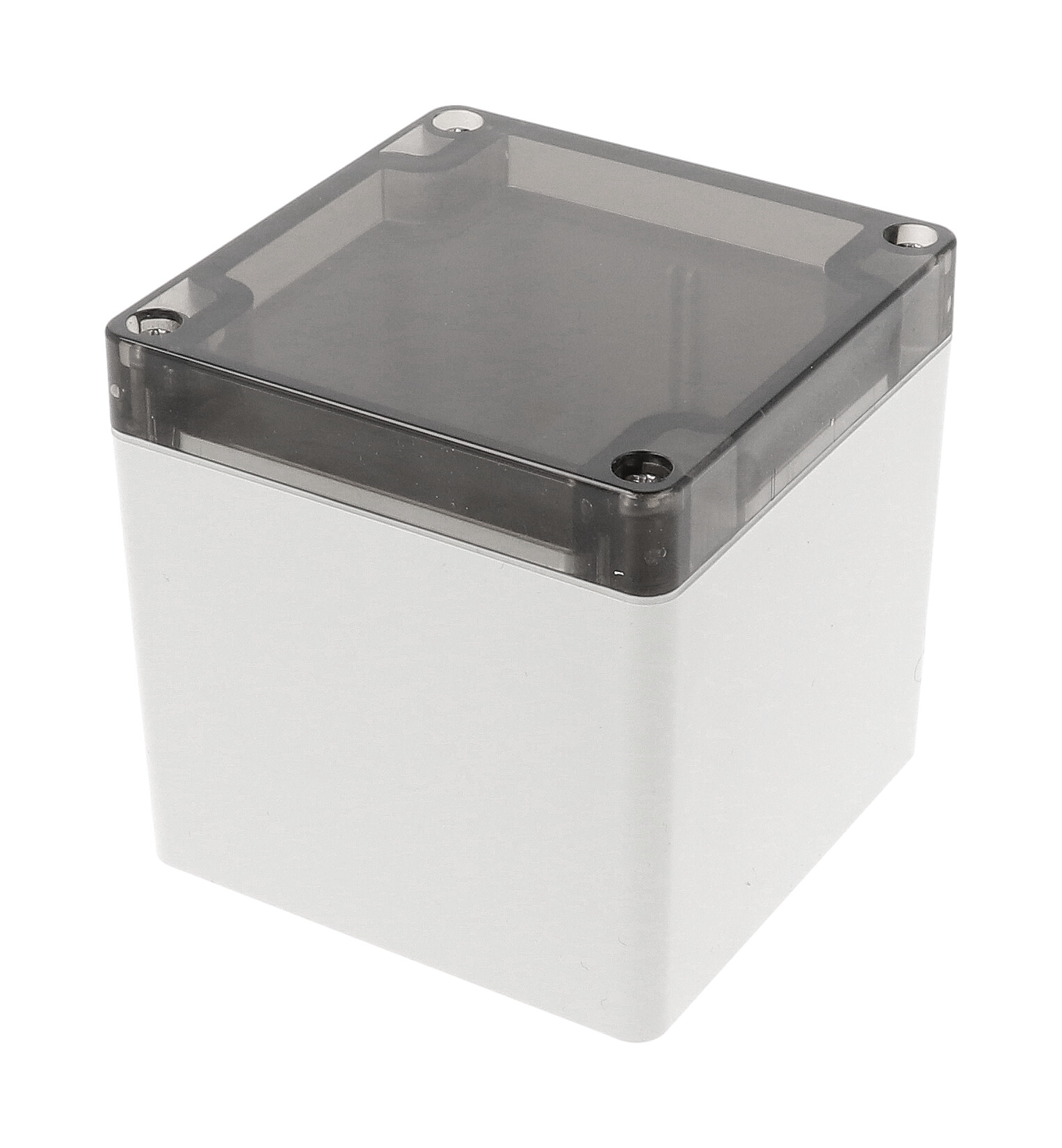 1554EE2GYSL tall square light gray polycarbonate enclosure with smoked lid, 90 x 90 x 91 mm
