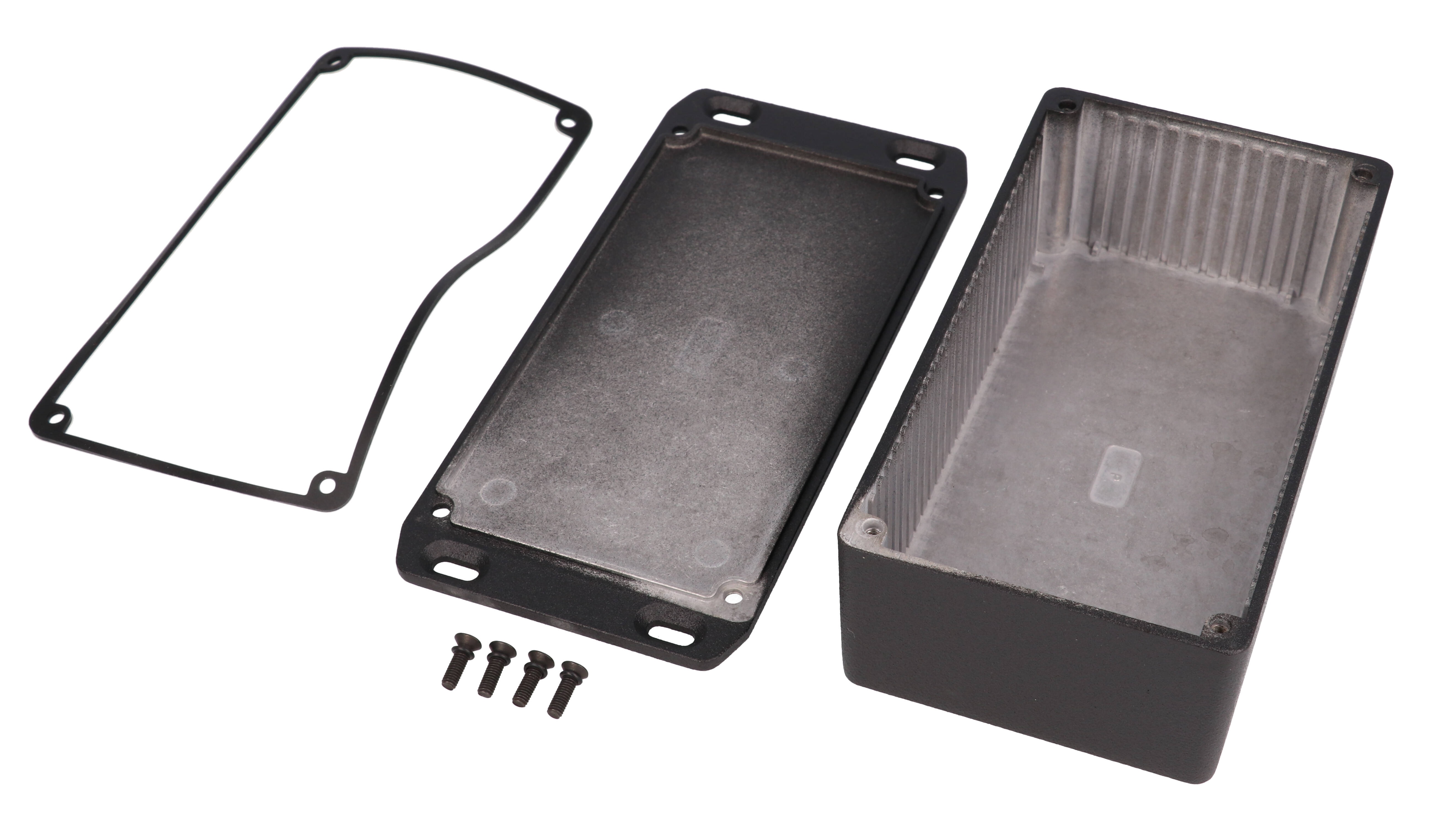 1590WPFLBK textured black watertight diecast enclosure, 153 mm x 83 mm x 50 mm, with flanged mounting lid