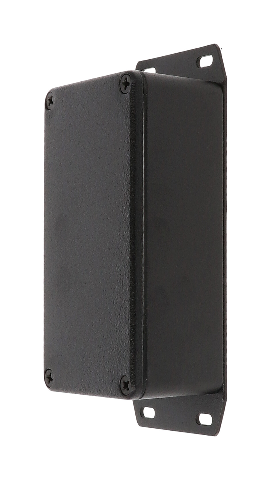 1590WB2FBK black textured IP65 watertight diecast enclosure, 112 x 61 x 38 mm, welded flanged bottom plate