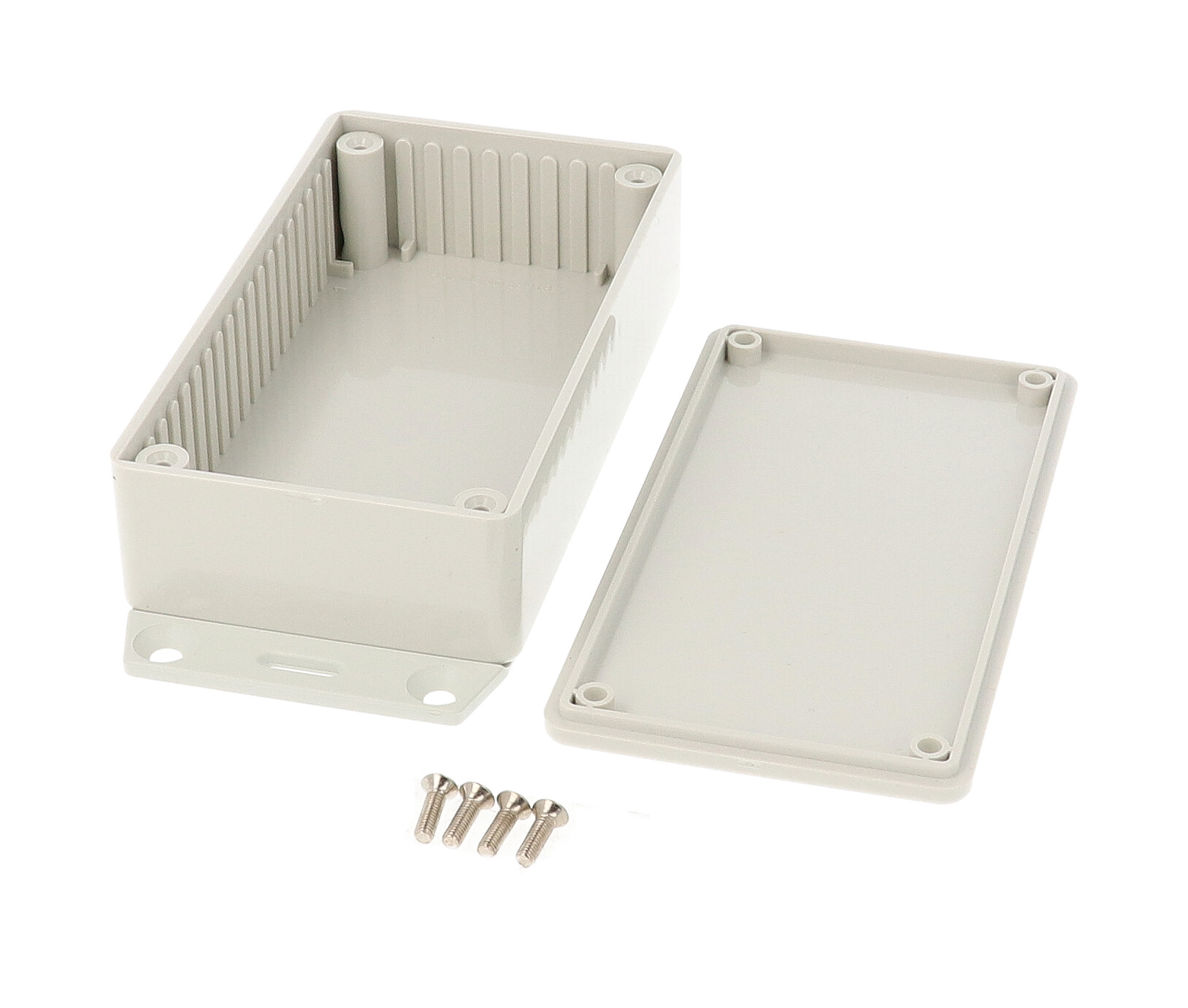 1591BF2SGY light gray 112 x 62 x 31 mm ABS plastic bottom-flange enclosure with molded card guides