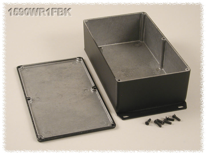 1590WR1FBK black textured IP65 water-tight diecast aluminum enclosure with a welded flanged bottom plate, 192x112x61mm