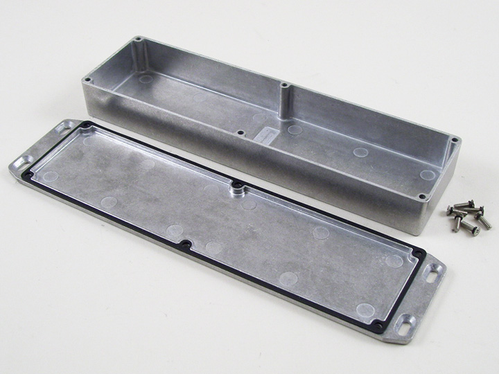 1590WBX2FL natural aluminum low-profile watertight diecast enclosure with wall-mounting flanged lid