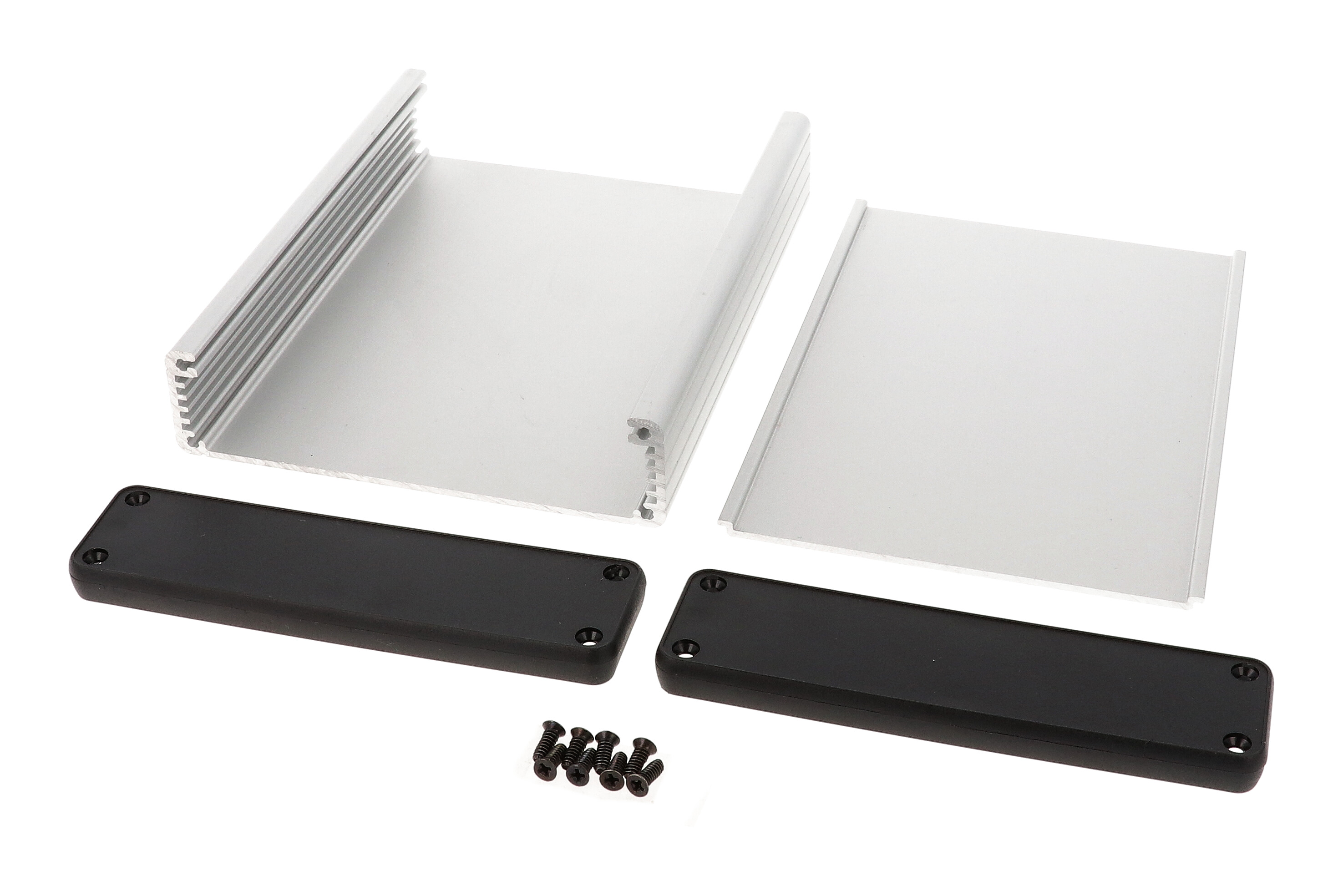 1455P1602 clear anodized extruded aluminum PC board enclosure, 160 x 125 x 30.5 mm, with closed black plastic end panels