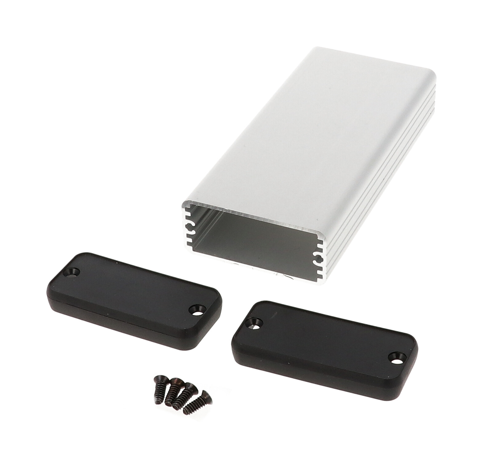 1455C1202 clear anodized extruded aluminum enclosure, 120 x 54 x 23 mm, with black plastic end panels