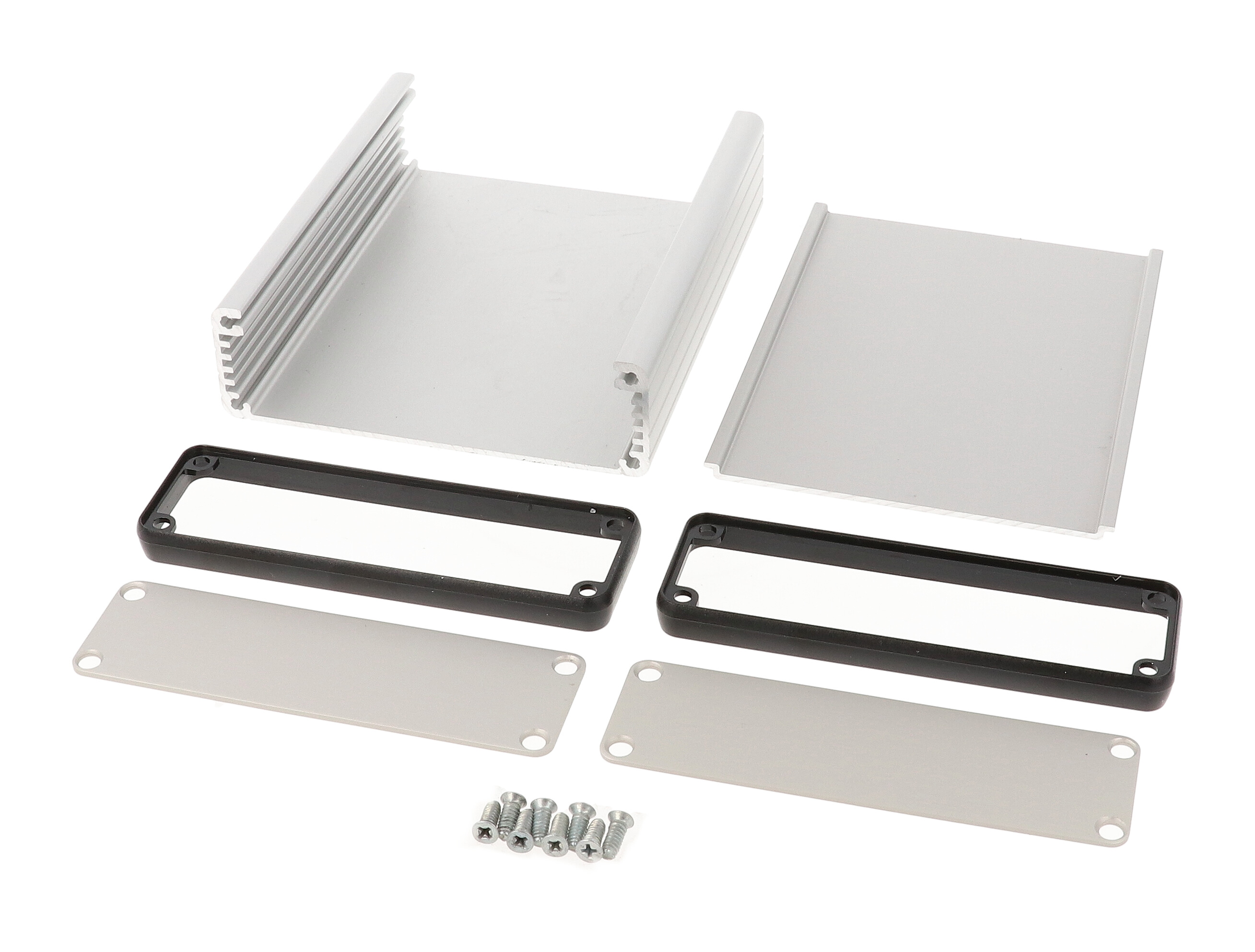 1455L1201 clear anodized extruded aluminum PC board enclosure, 120 x 103 x 30.5 mm, with aluminum end panels and black bezels