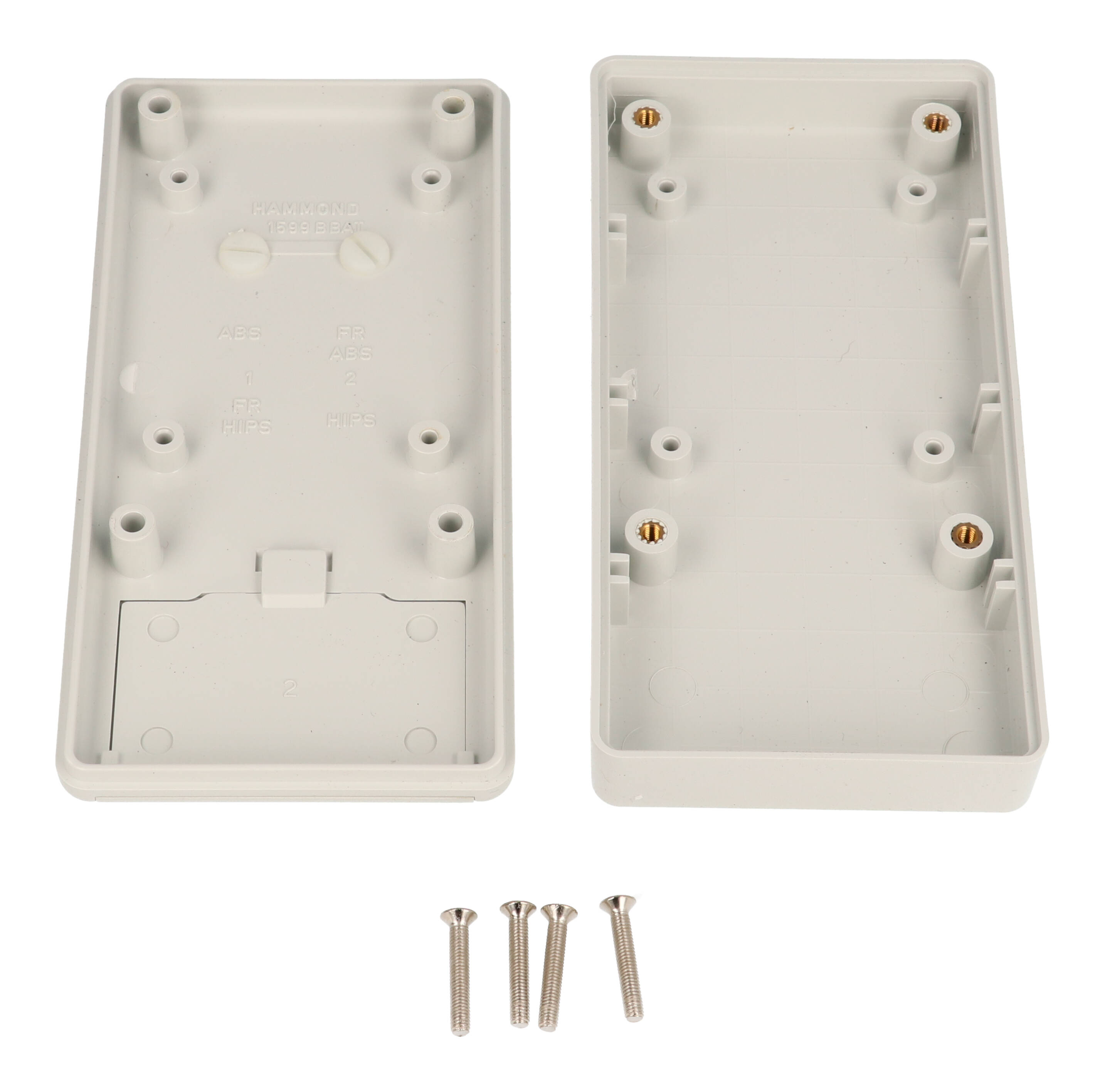 1599BGYBATCP light grey handheld enclosure with battery door and installed belt clip