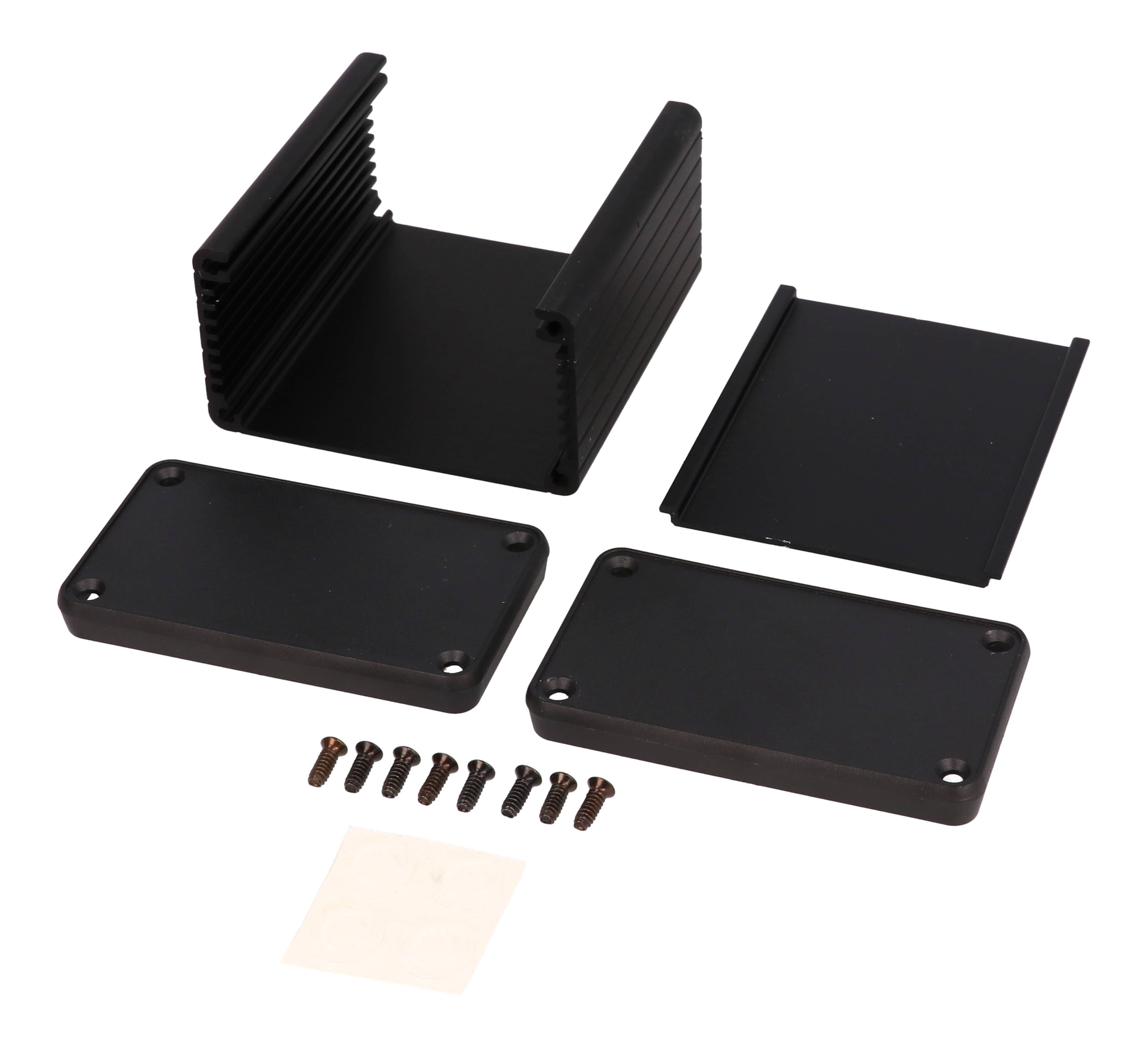 1455K802BK black anodized extruded aluminum enclosure, 80 x 78 x 43 mm, with plastic end panels