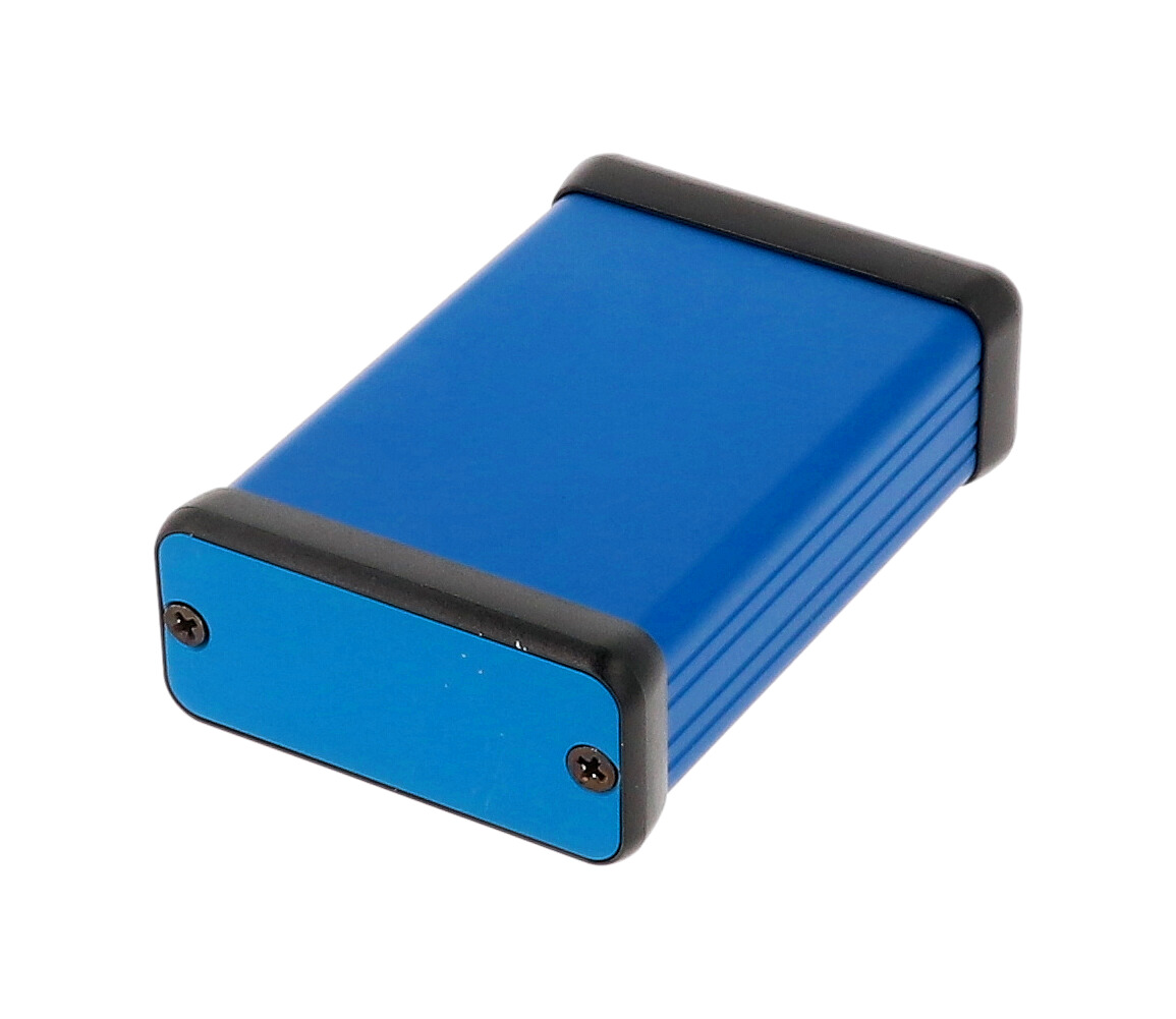 1455C801BU blue anodized extruded aluminum PC board enclosure, 80 x 54 x 23 mm, with metal end panels
