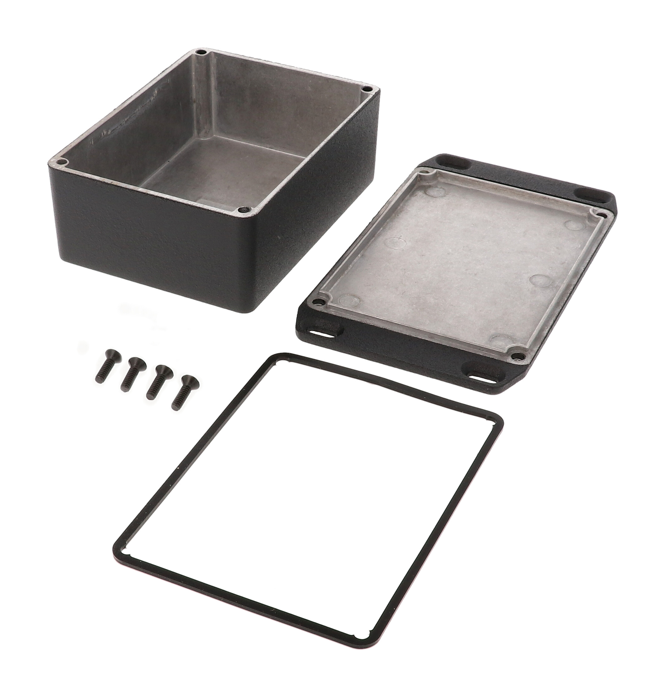 1590WSFLBK black textured IP65 water-tight diecast aluminum enclosure with a wall-mounting flanged lid, 110x82x44mm