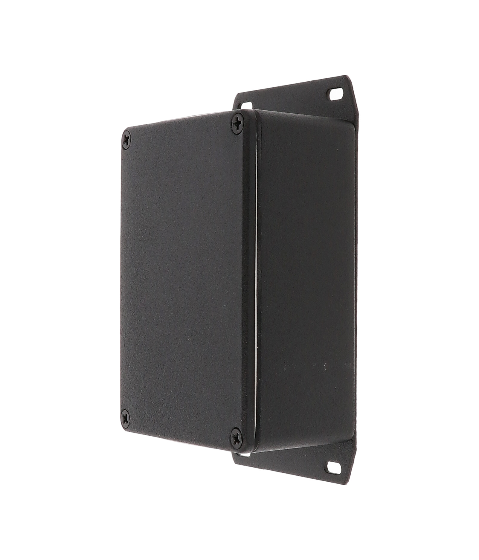 1590WSFBK black textured IP65 water-tight diecast aluminum enclosure with a welded flanged bottom plate, 110x82x44mm