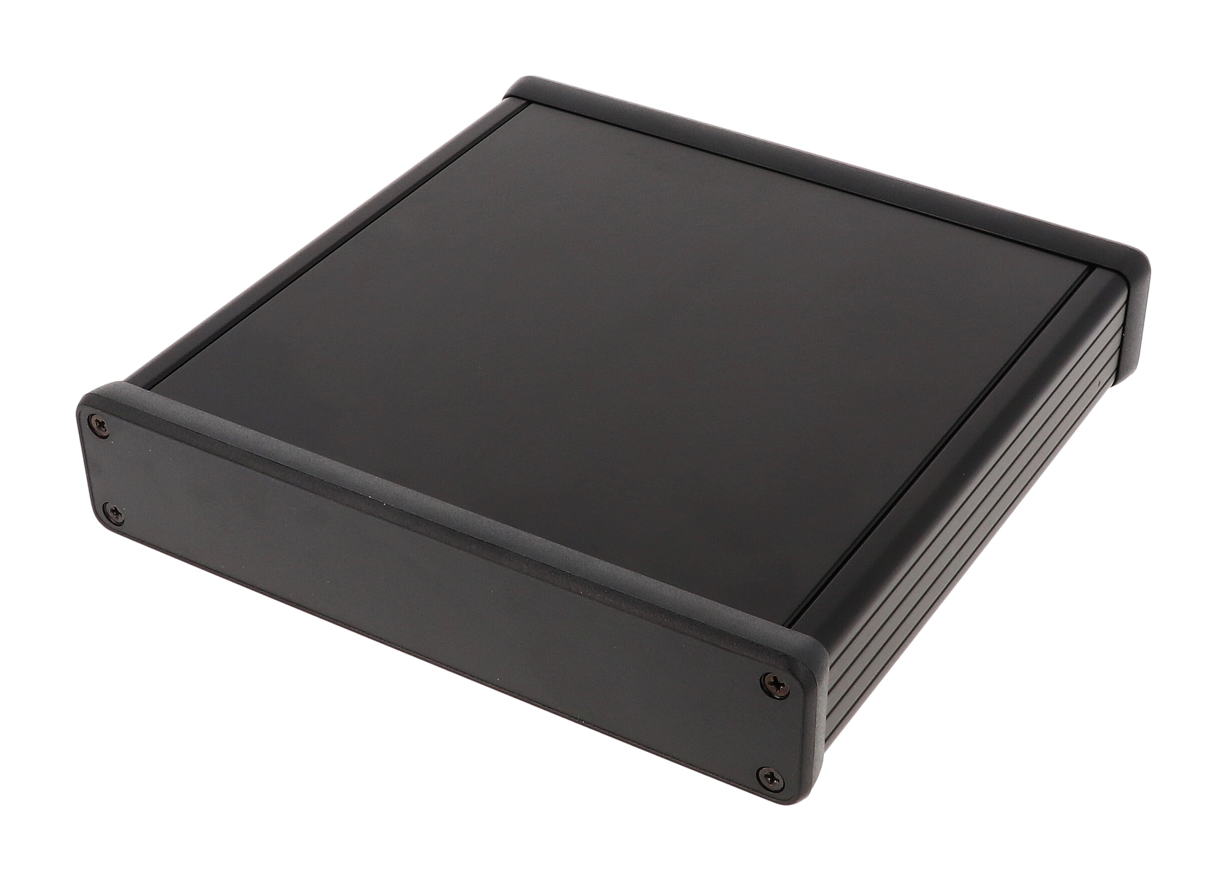 1455R1602BK — black extruded aluminum enclosure w/ plastic end panels