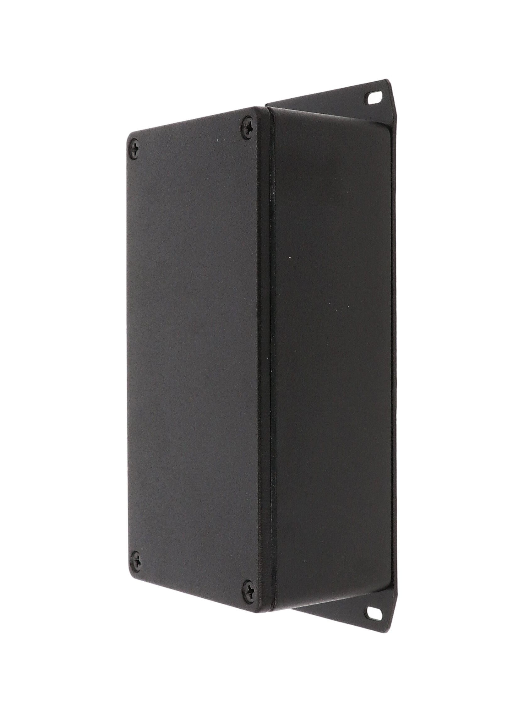 1590WP1FBK textured black watertight diecast enclosure, 153 mm x 83 mm x 50 mm, with flanged bottom plate
