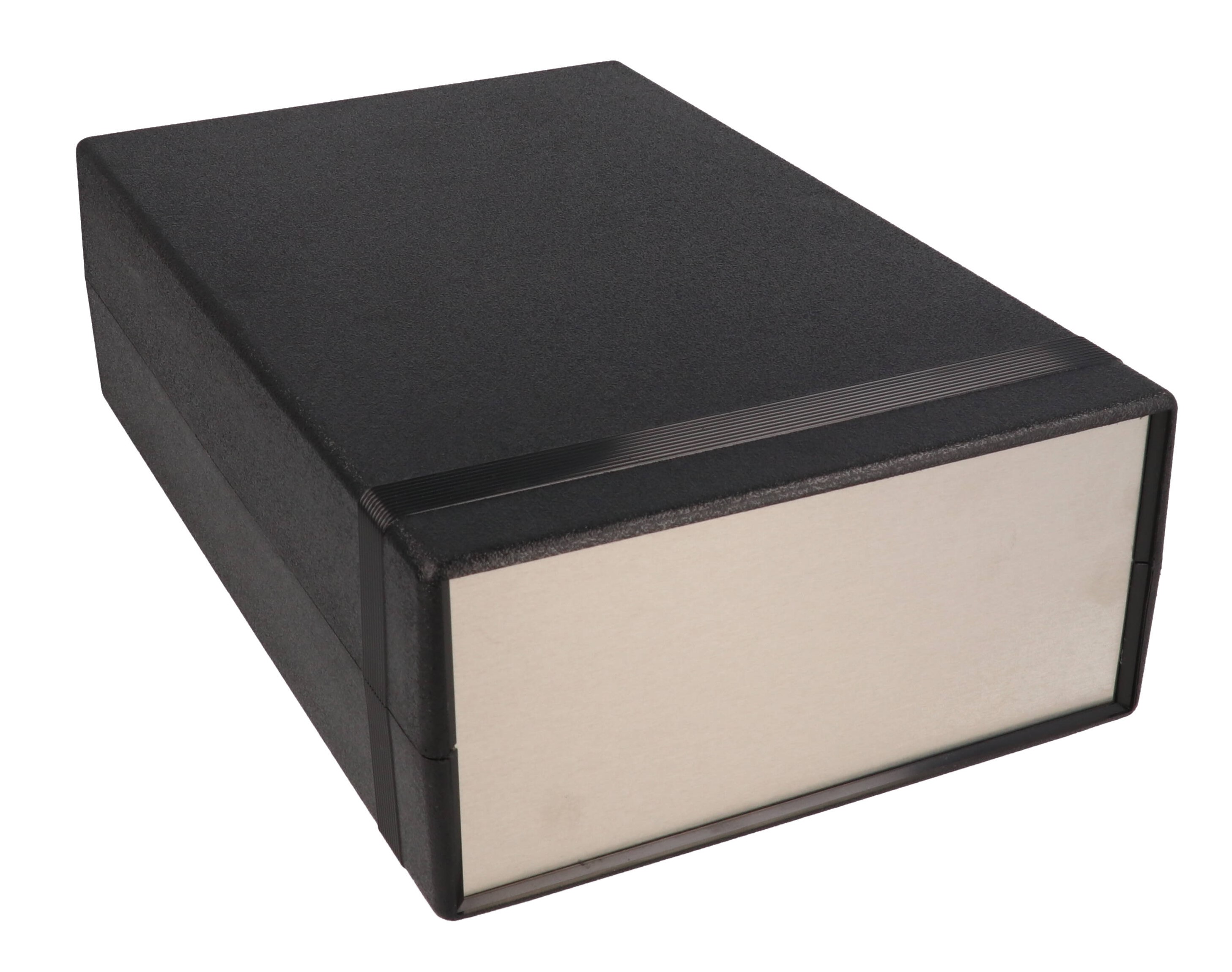 1598RGBK black ABS EMI/RFI shielded instrument enclosure, 250 x 159 x 75 mm, with brushed aluminum end panels