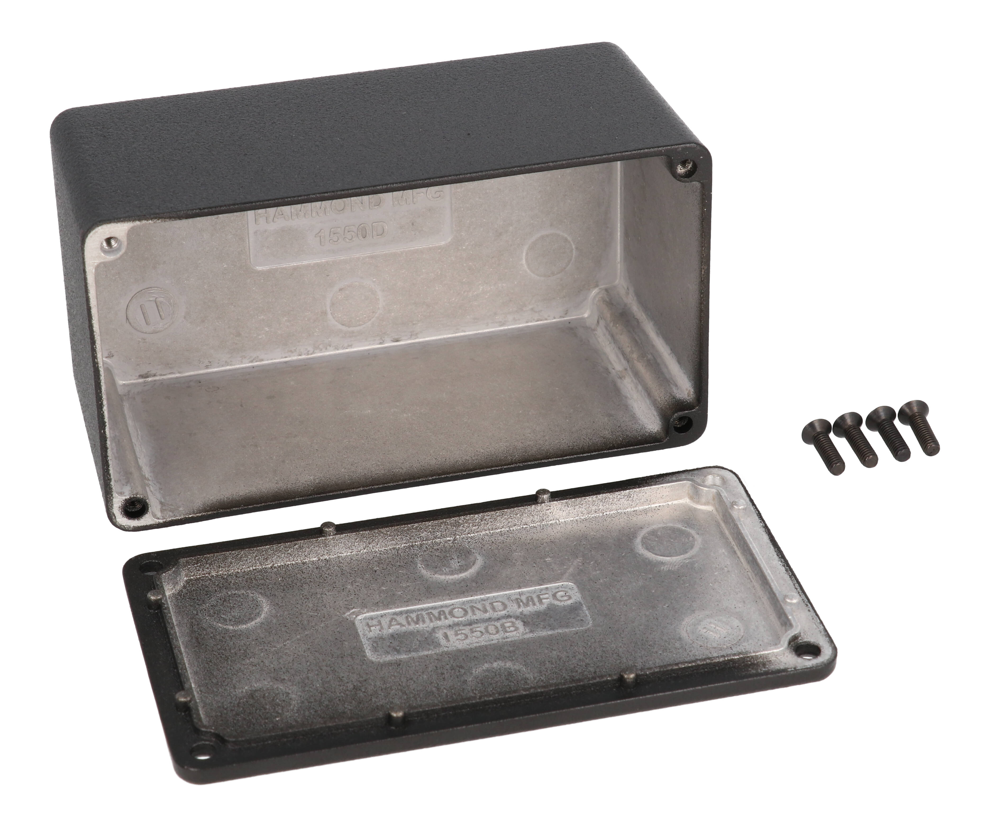 Hammond 1550DBK black powder coated diecast aluminum enclosure with screw-down lid