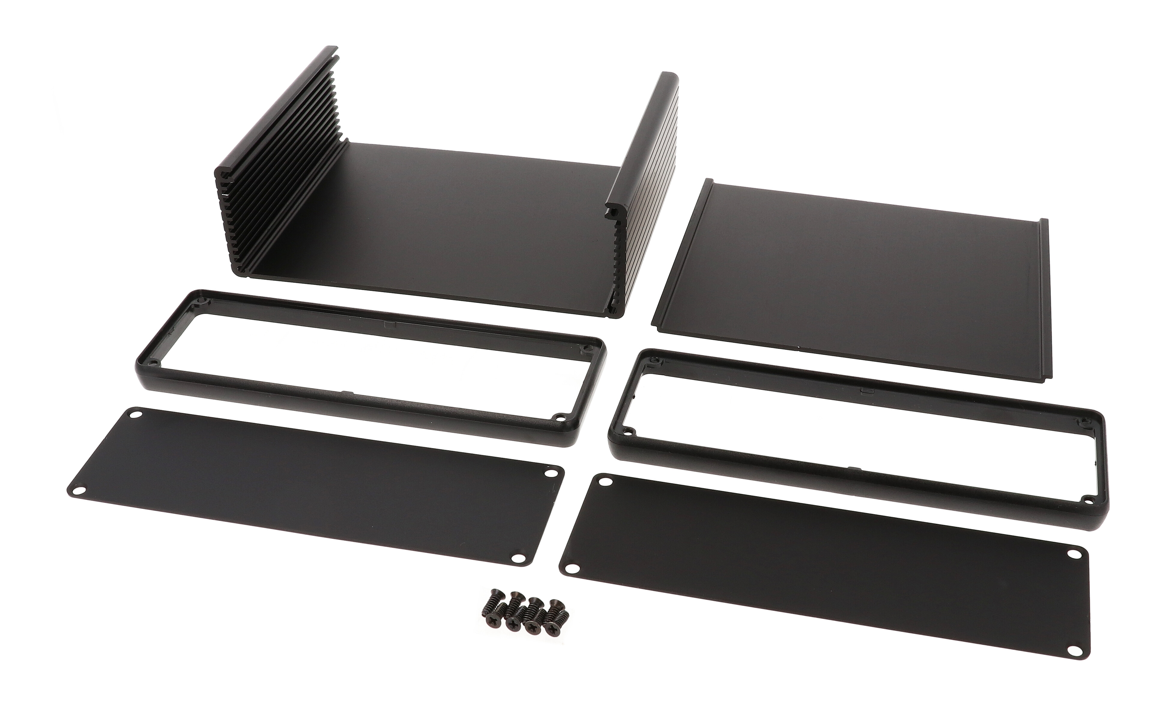 1455T1201BK black anodized extruded aluminum enclosure, 120 x 165 x 51.5 mm, with metal end panels and black open bezels