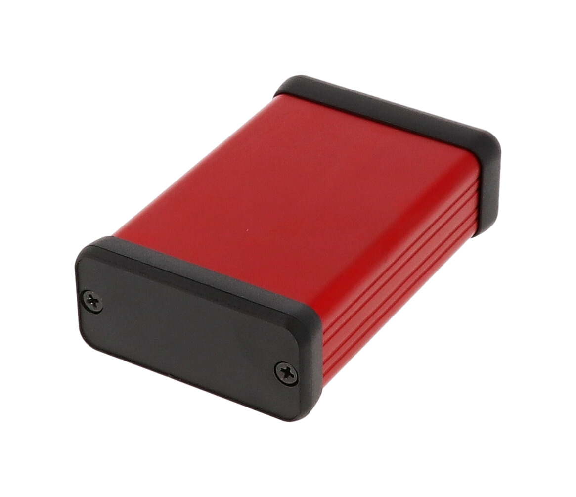 1455C802RD red anodized extruded aluminum PC board enclosure, 80 x 54 x 23 mm, with plastic end panels