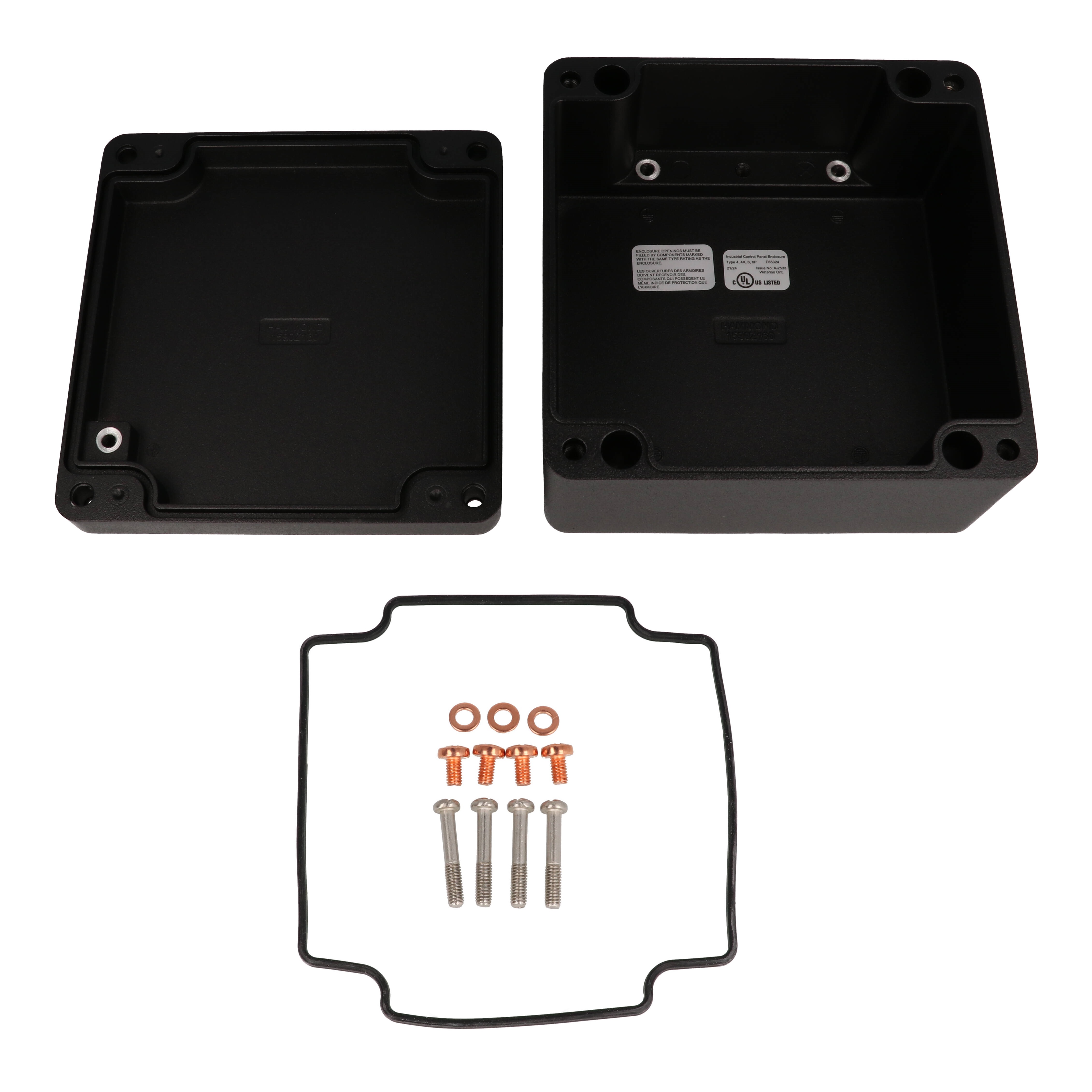 1590Z160BK textured black square diecast aluminum enclosure, 160 x 160 x 90 mm