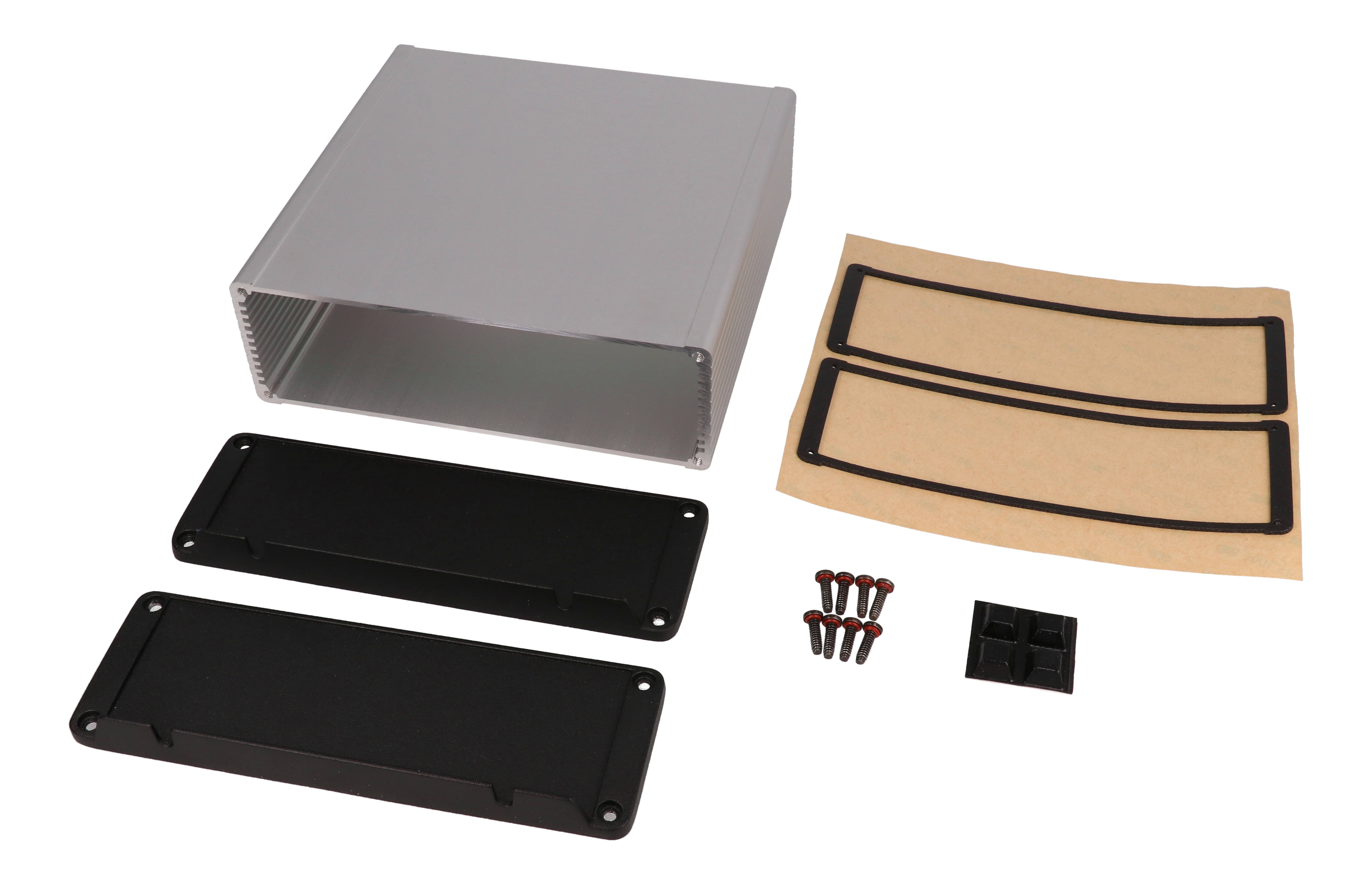 1457T1602 clear anodized 160 x 165 mm extruded aluminum enclosure with flanged black wall-mount end panels