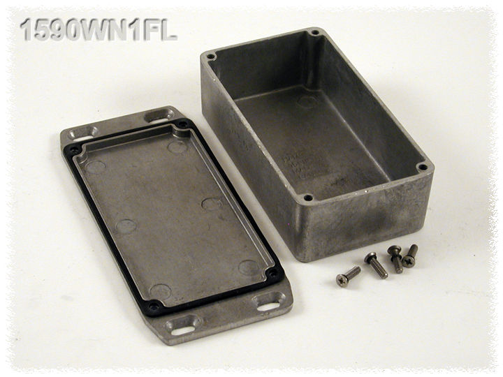 1590WN1FL natural aluminum watertight diecast enclosure, 121 mm x 66 mm x 40 mm, with flanged mounting lid