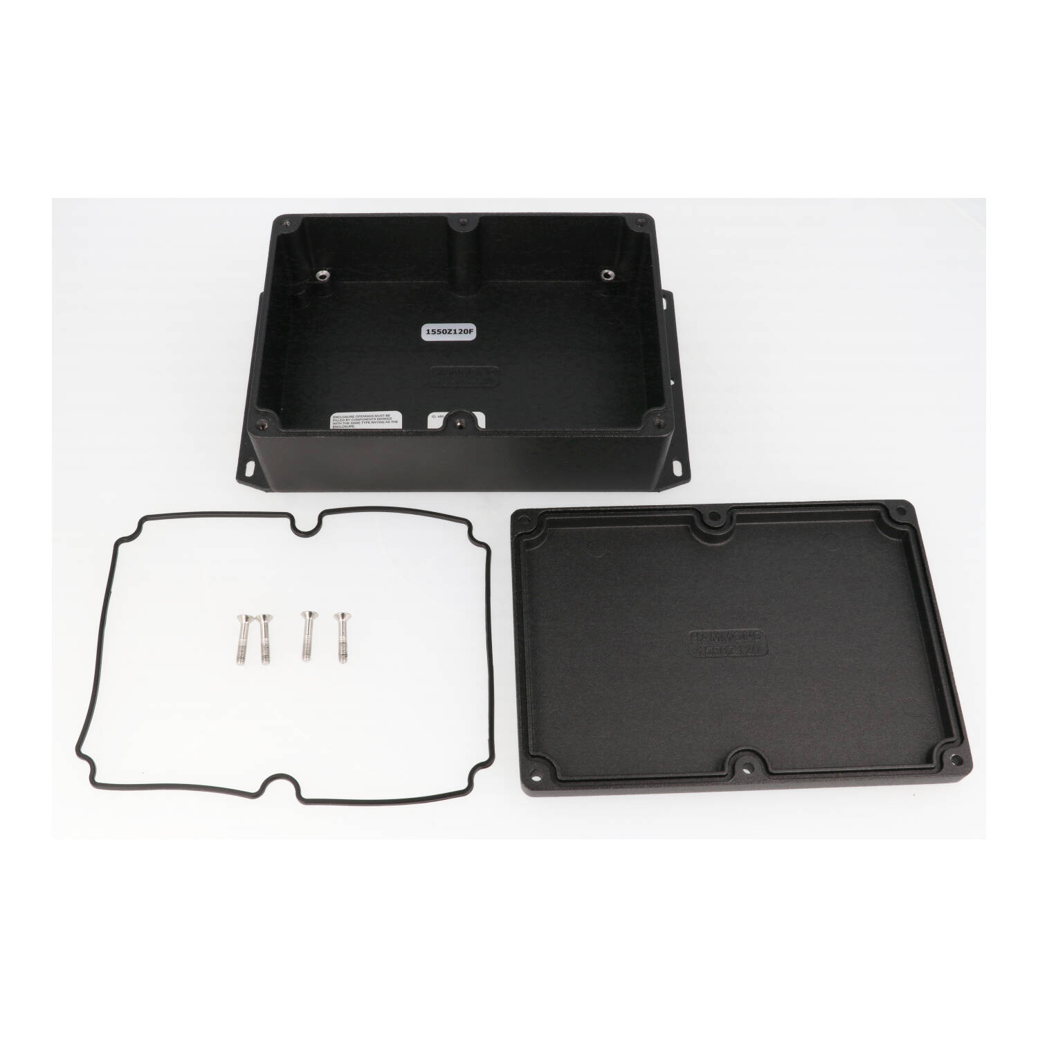 Hammond 1550Z120FBK black textured flanged diecast watertight enclosure, 171 x 121 mm