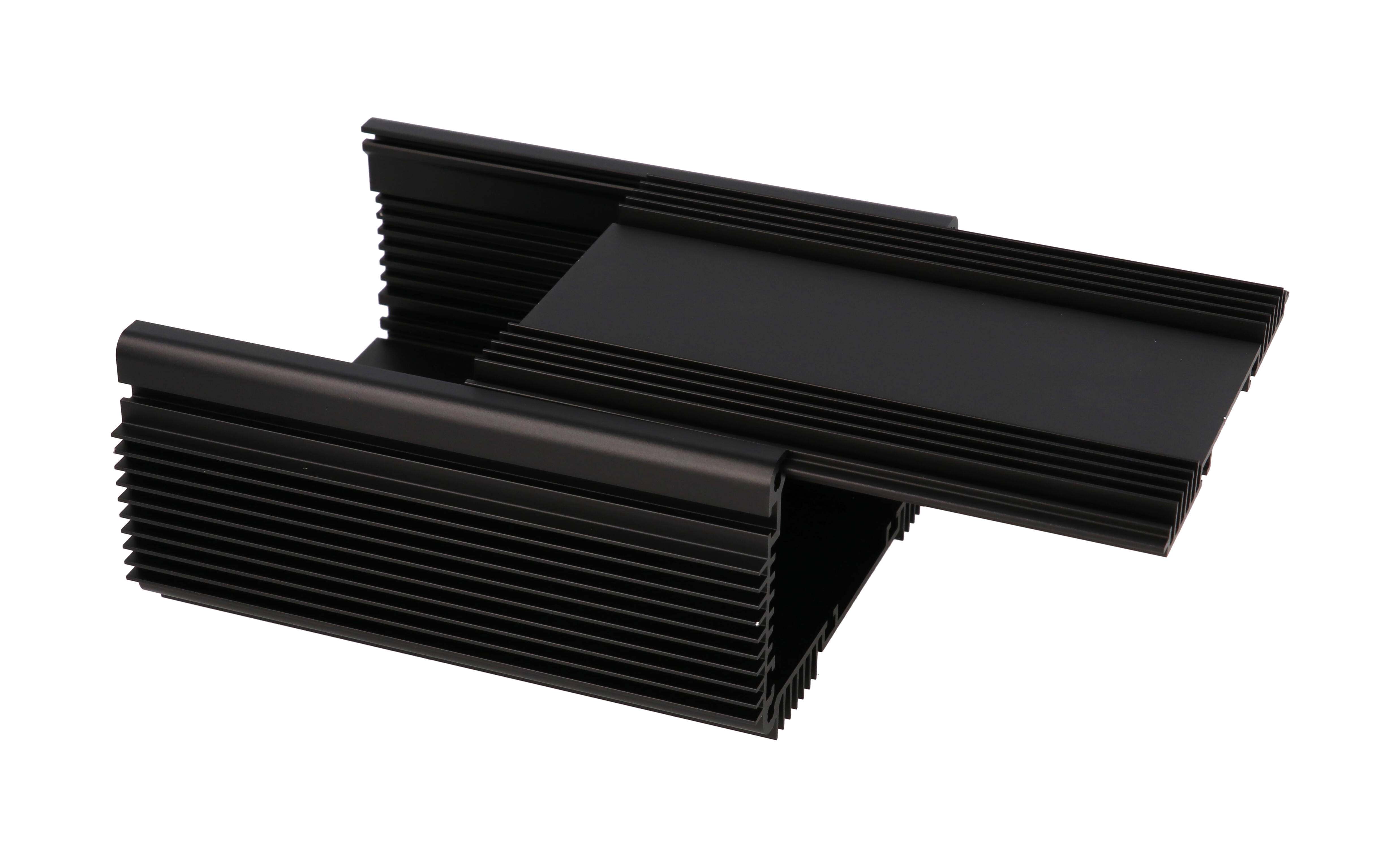 1455NHD1201BK black anodized finned heat dissipating extruded aluminum enclosure, 120 x 111 x 61 mm, with mounting flanges