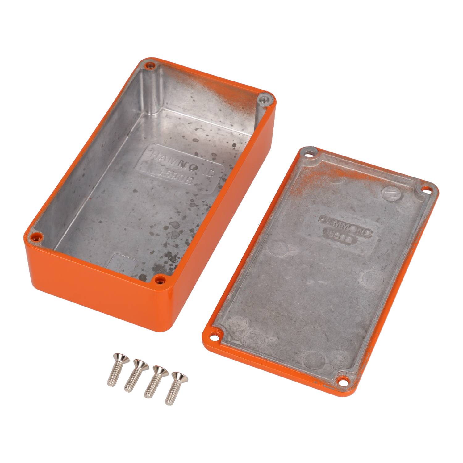 1590BOR orange powder coated diecast aluminum stomp box enclosure, 112 x 61 x 31 mm, with lid