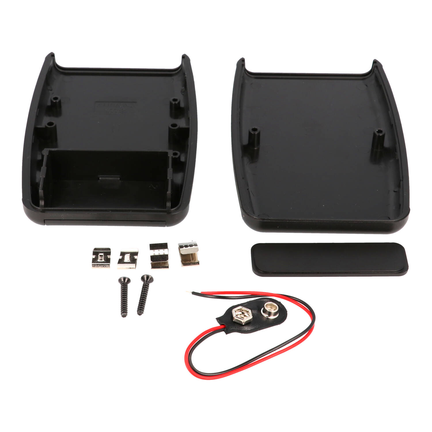 1553BBKBKBAT black ABS handheld enclosure with black overmold and battery door