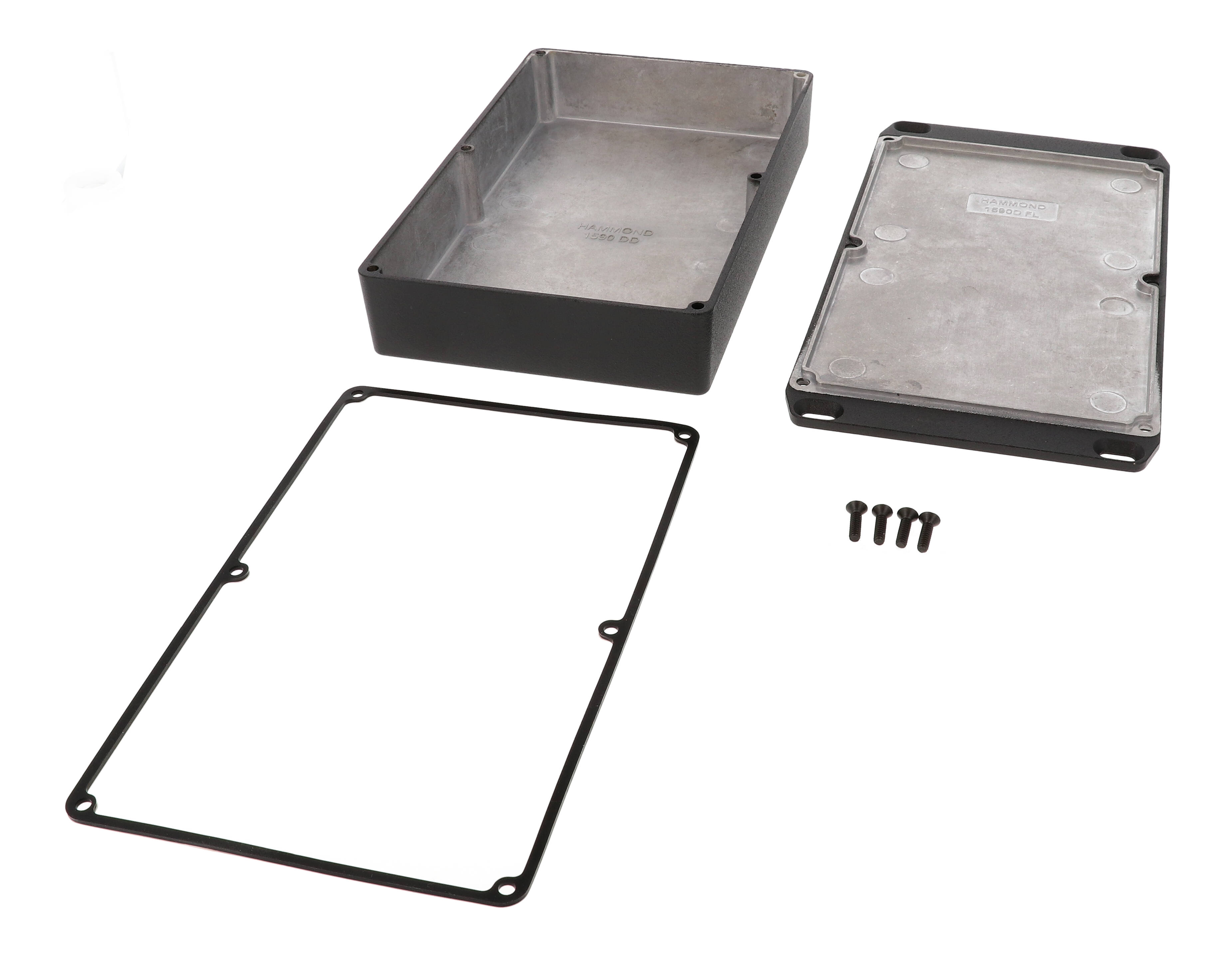 1590WDDFLBK textured black watertight diecast aluminum enclosure, 188 mm x 120 mm x 37 mm, with flanged lid