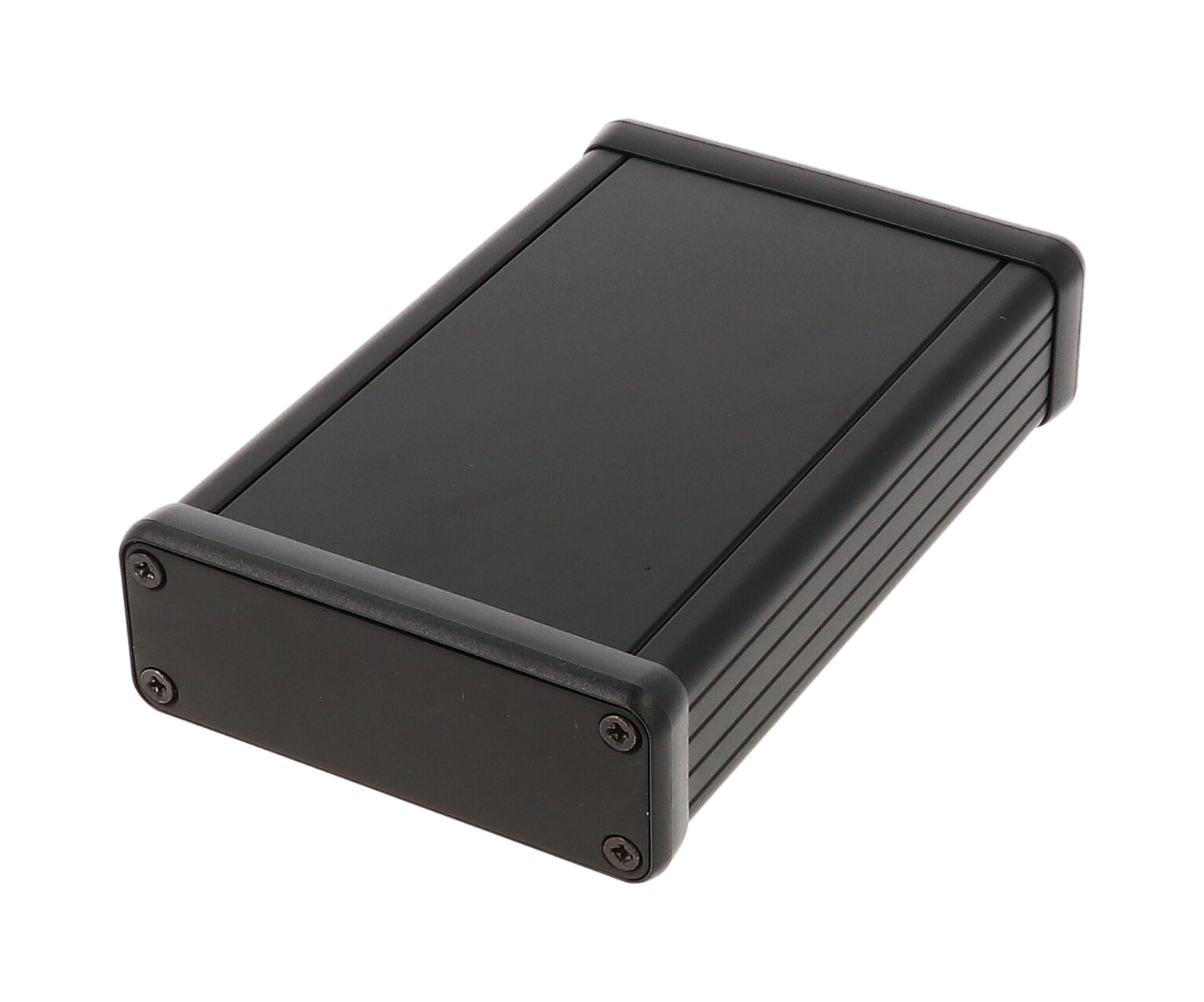 1455J1201BK black anodized extruded aluminum enclosure, 120 x 78 x 27 mm, with aluminum end panels and open bezels