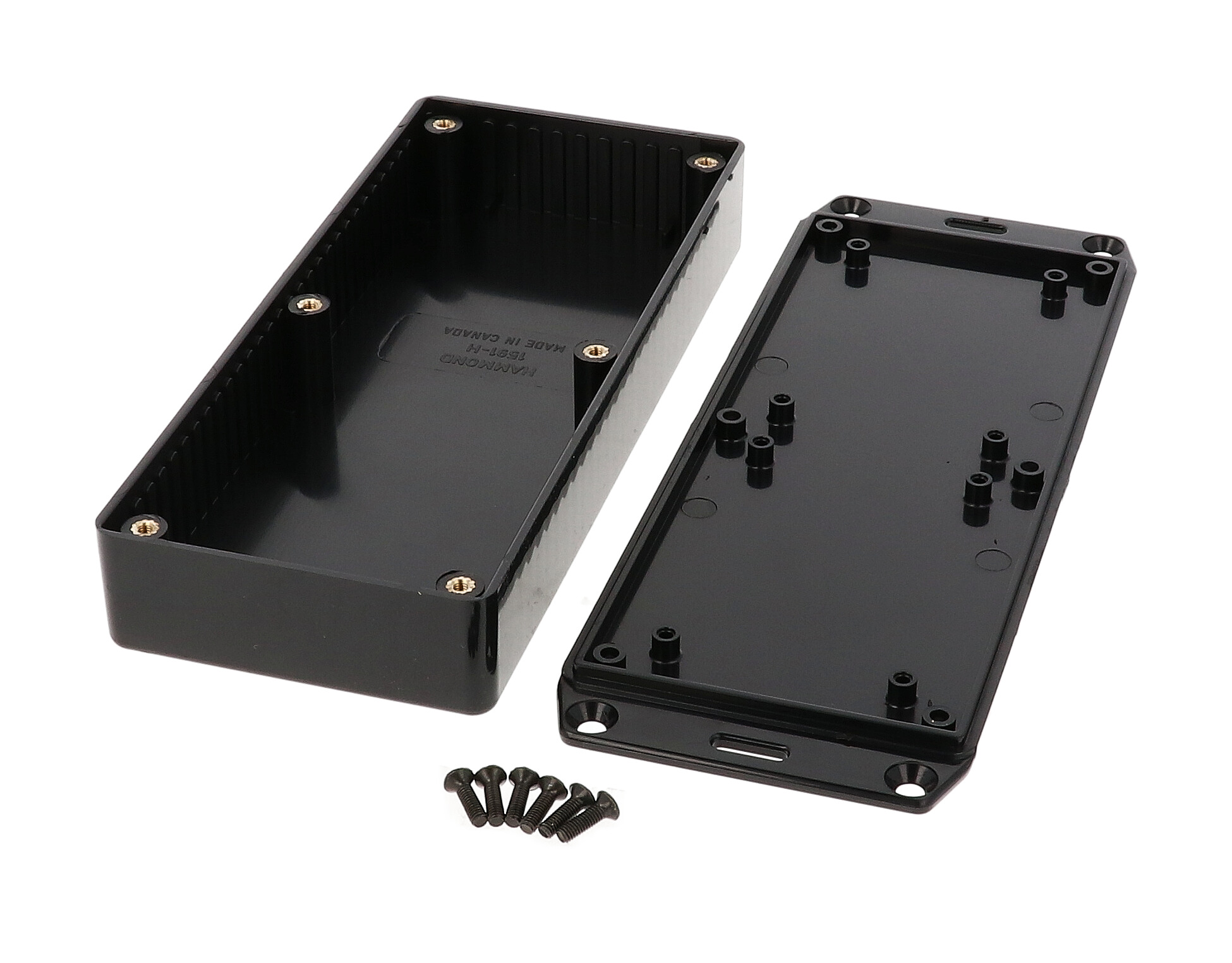 1591HFLBK black flame retardant ABS enclosure with flanged mounting lid