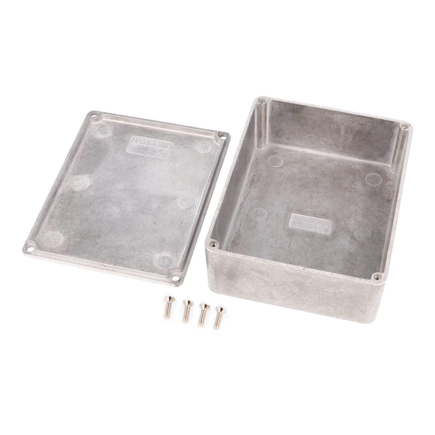 1590BBS natural finish diecast aluminum enclosure with lid and cover screws